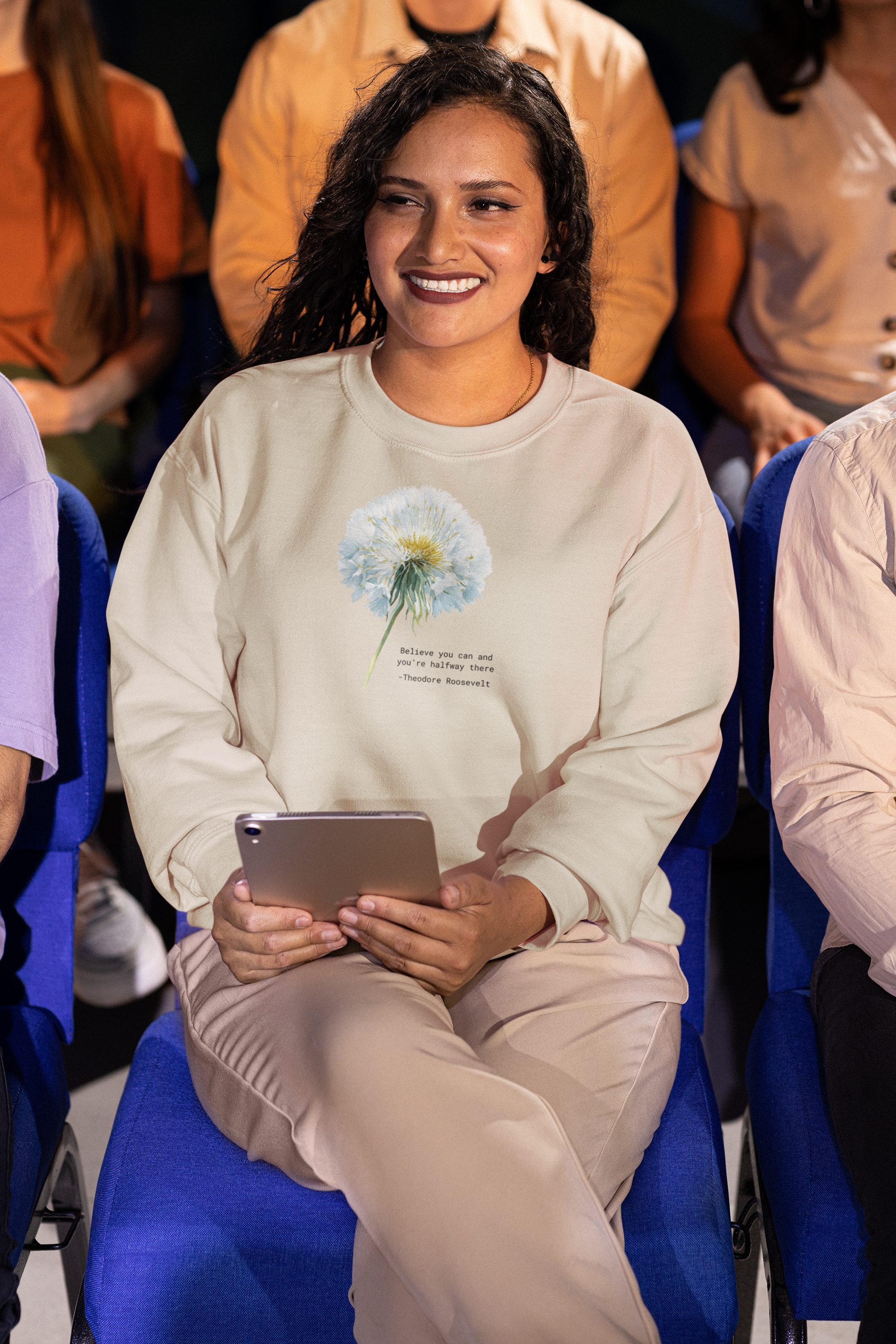 Dandelion Quote Crewneck Sweatshirt — "Believe you can and you’re halfway there" Theodore Roosevelt