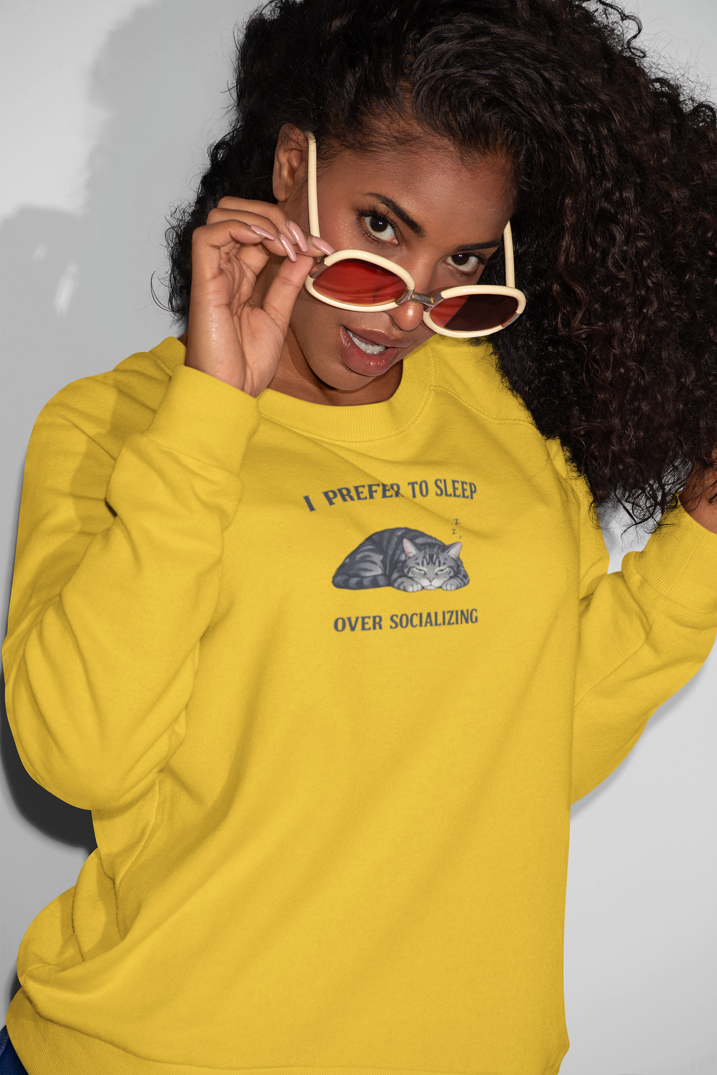 Crewneck Sweatshirt — "I Prefer to Sleep Over Socializing" Cat Graphic