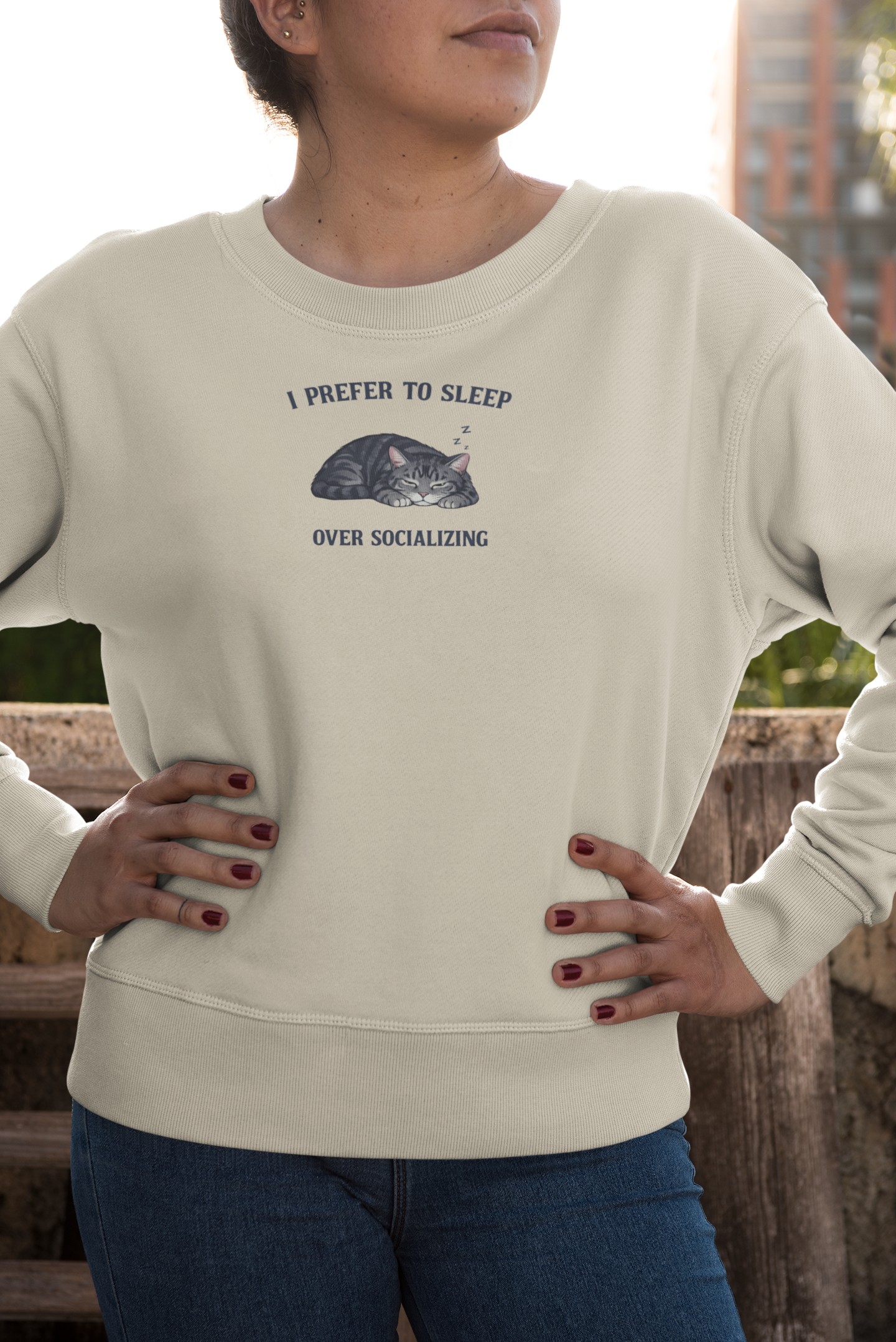 Crewneck Sweatshirt — "I Prefer to Sleep Over Socializing" Cat Graphic
