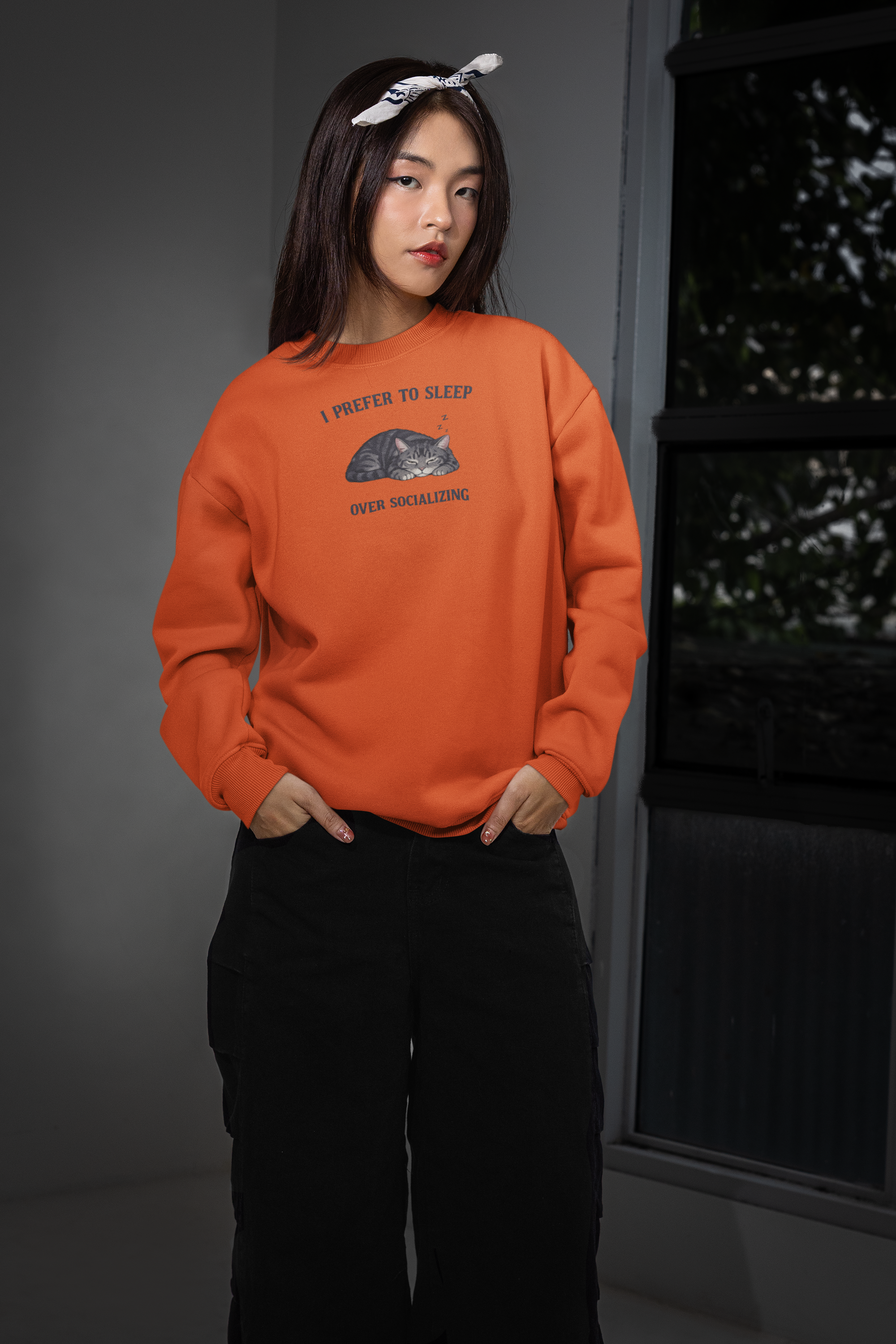 Crewneck Sweatshirt — "I Prefer to Sleep Over Socializing" Cat Graphic