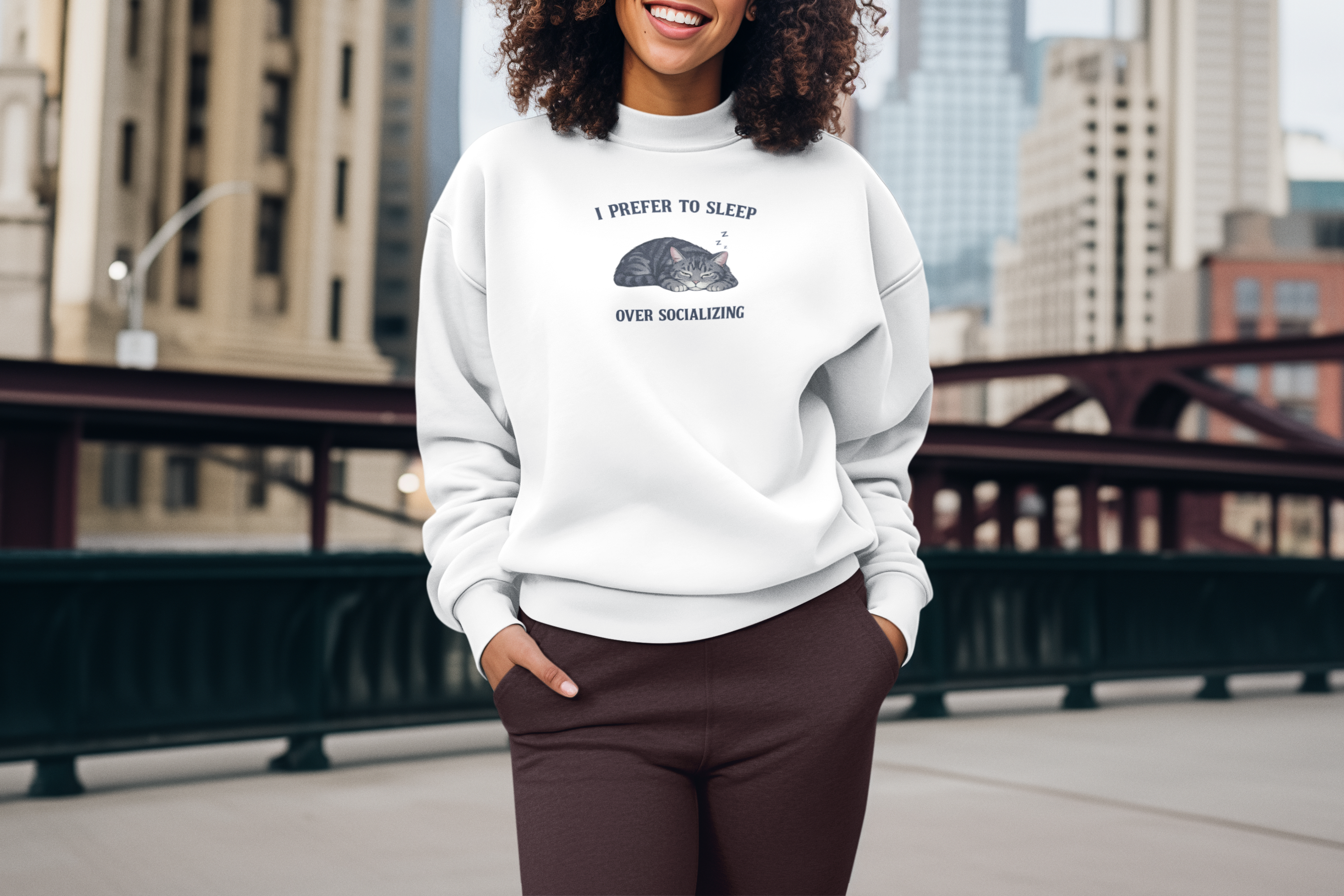 Crewneck Sweatshirt — "I Prefer to Sleep Over Socializing" Cat Graphic
