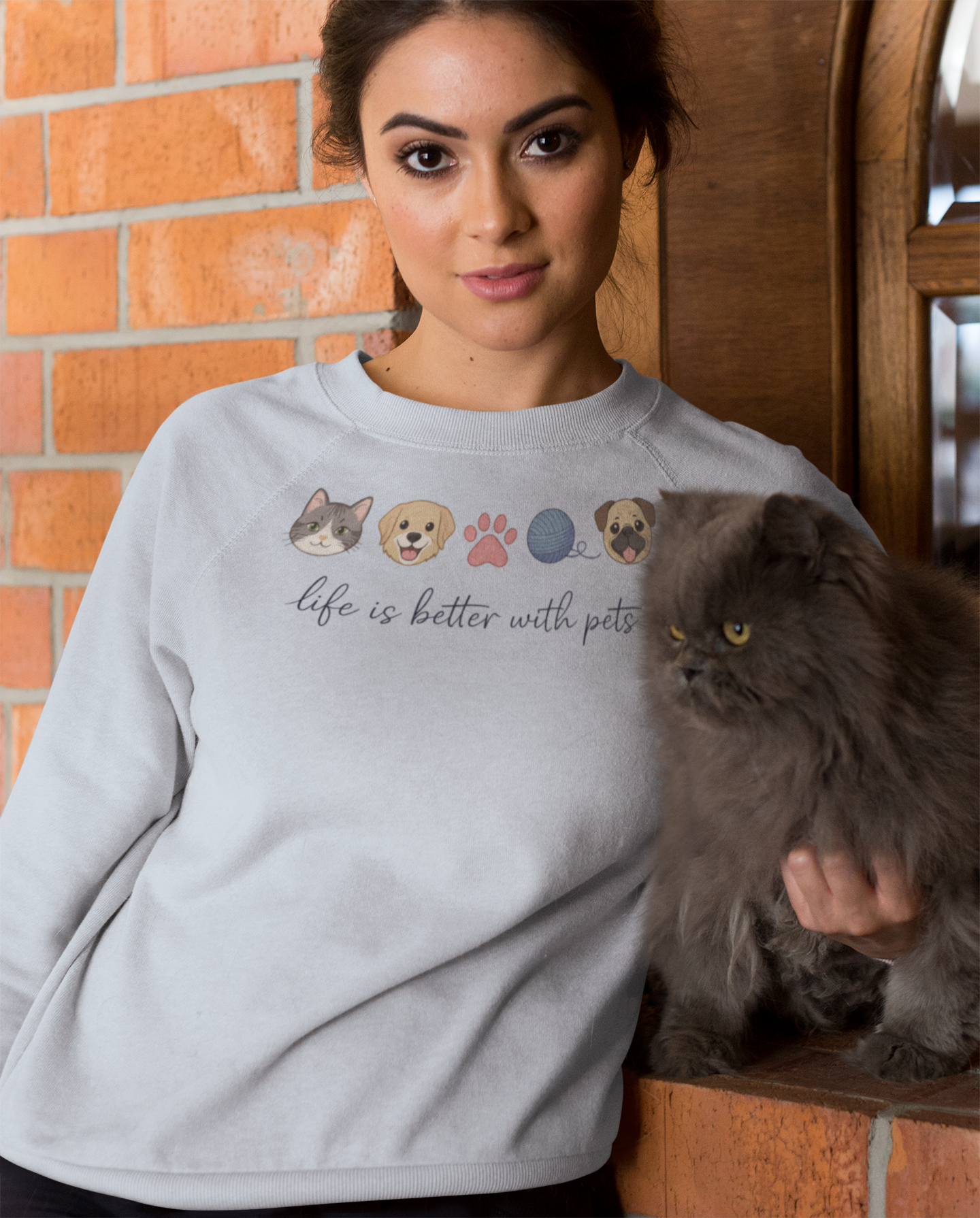 Pet Lovers Crewneck Sweatshirt — "Life is Better with Pets" Graphic