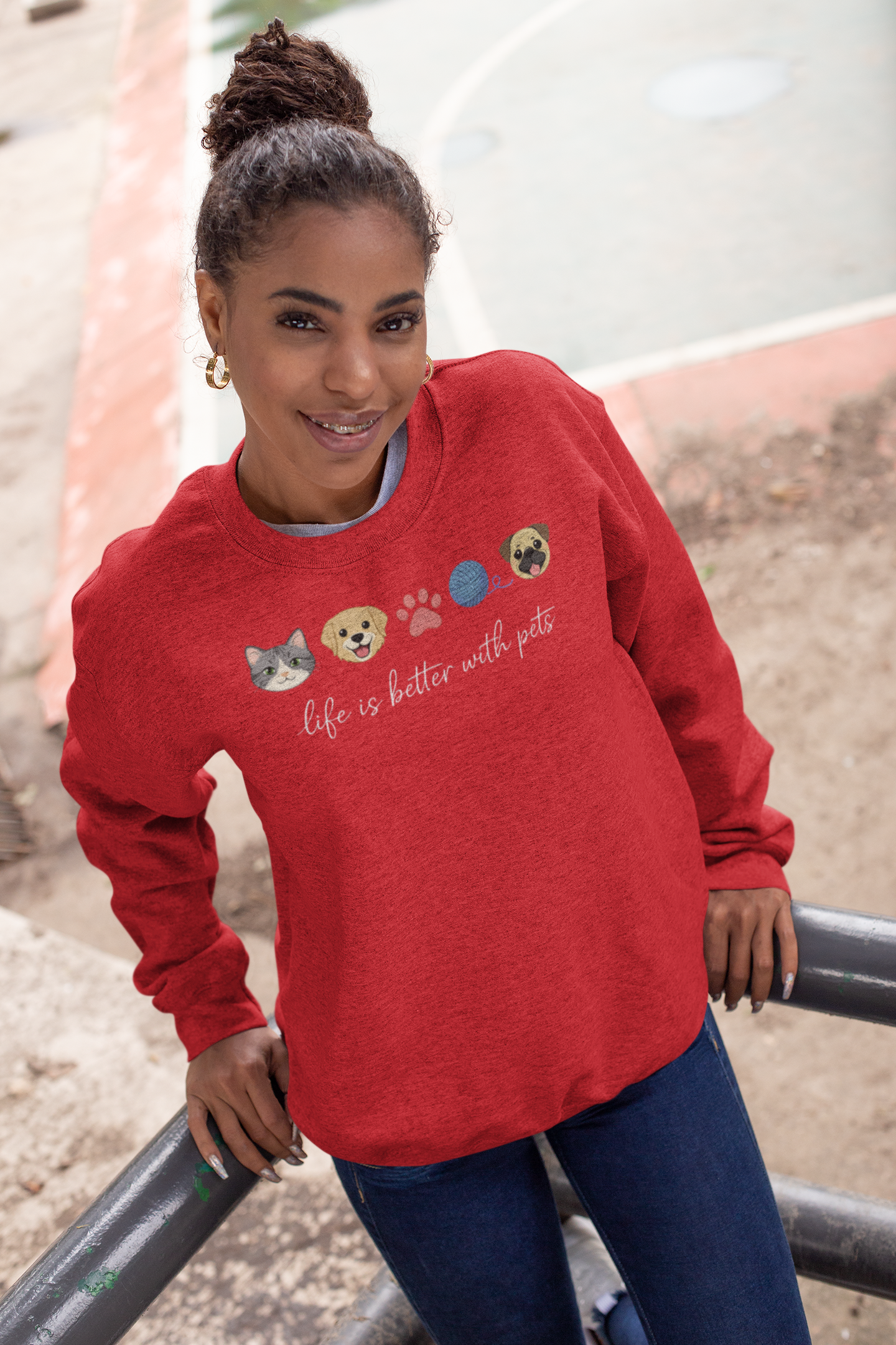 Pet Lovers Crewneck Sweatshirt — "Life is Better with Pets" Graphic