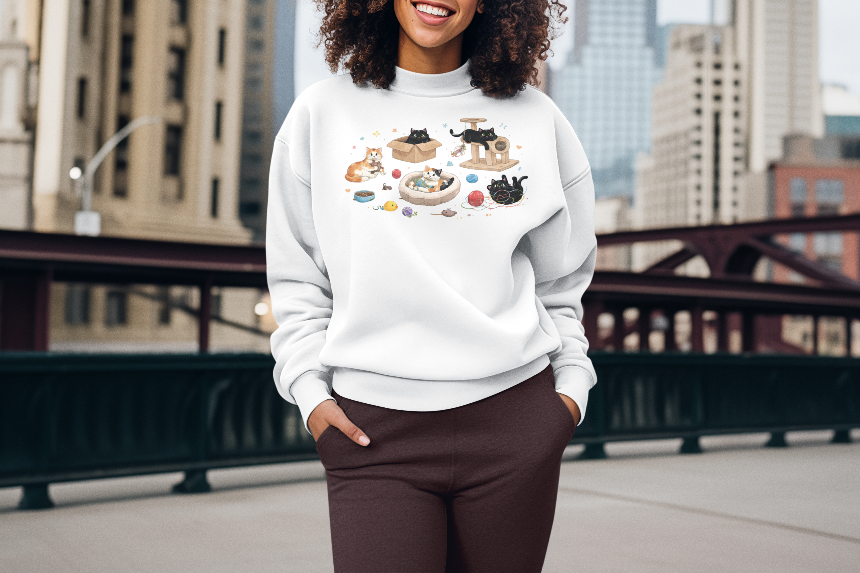 Cat Playroom Sweatshirt — Cute Cats, Toys & Cozy Cat Tree Crewneck