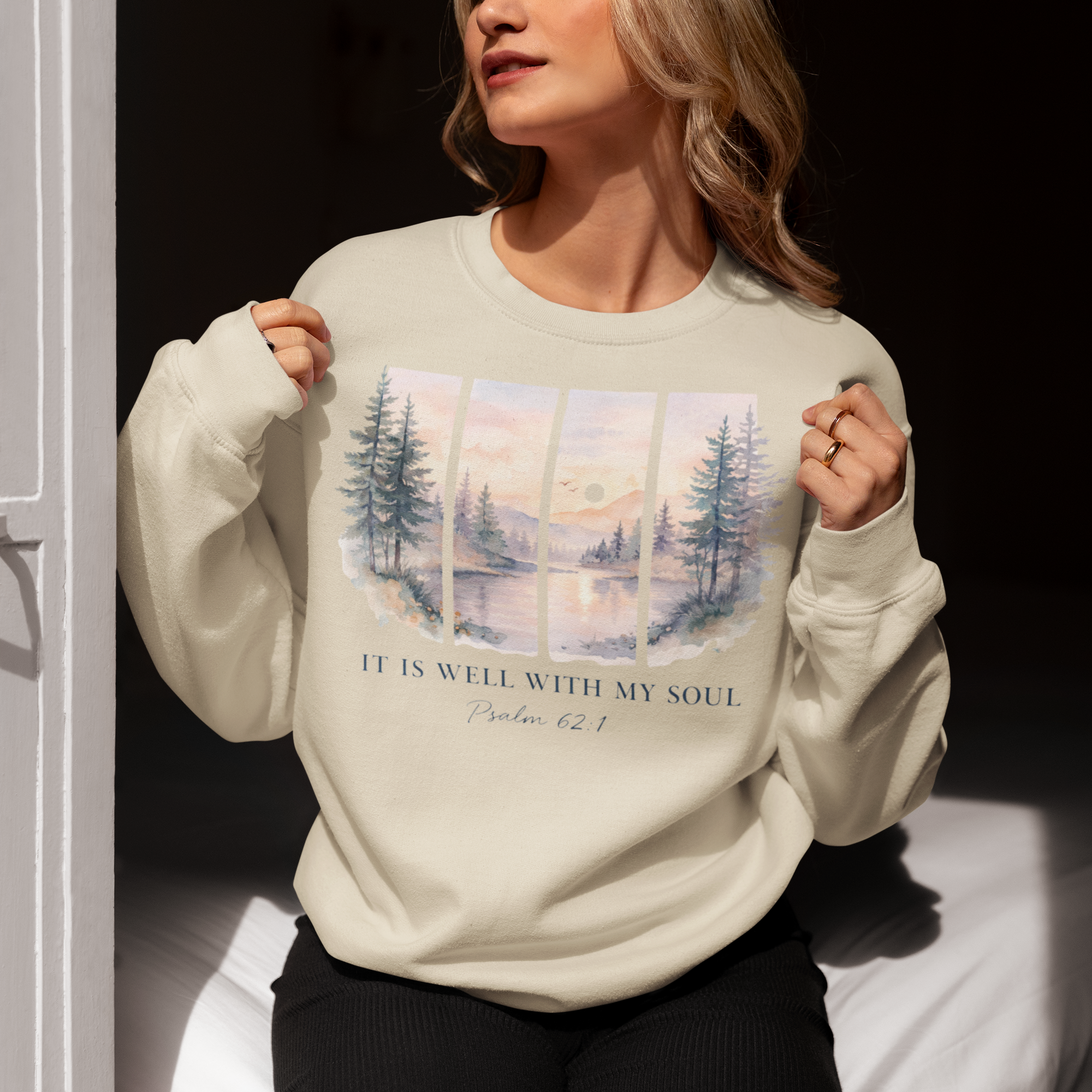 Scenic Window Crewneck Sweatshirt — "It Is Well With My Soul" Sunrise Lake Design