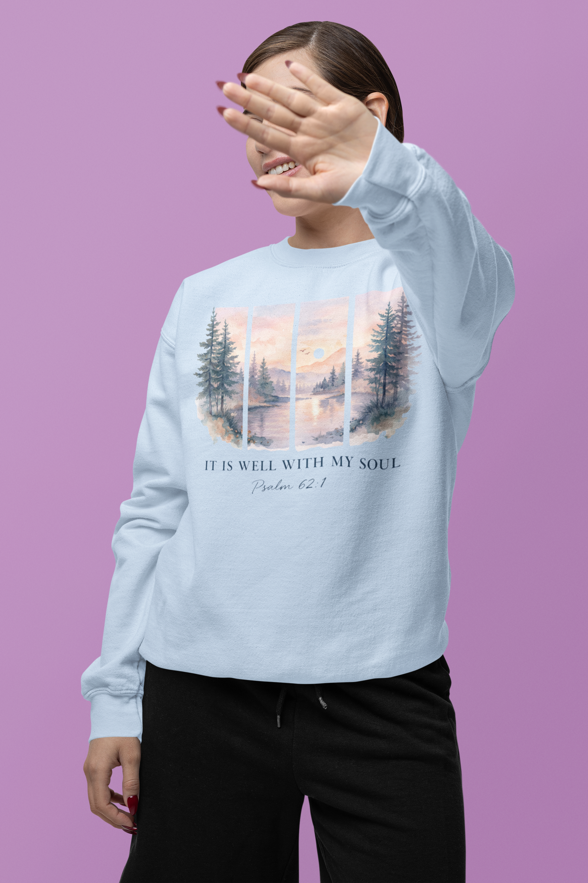 Scenic Window Crewneck Sweatshirt — "It Is Well With My Soul" Sunrise Lake Design