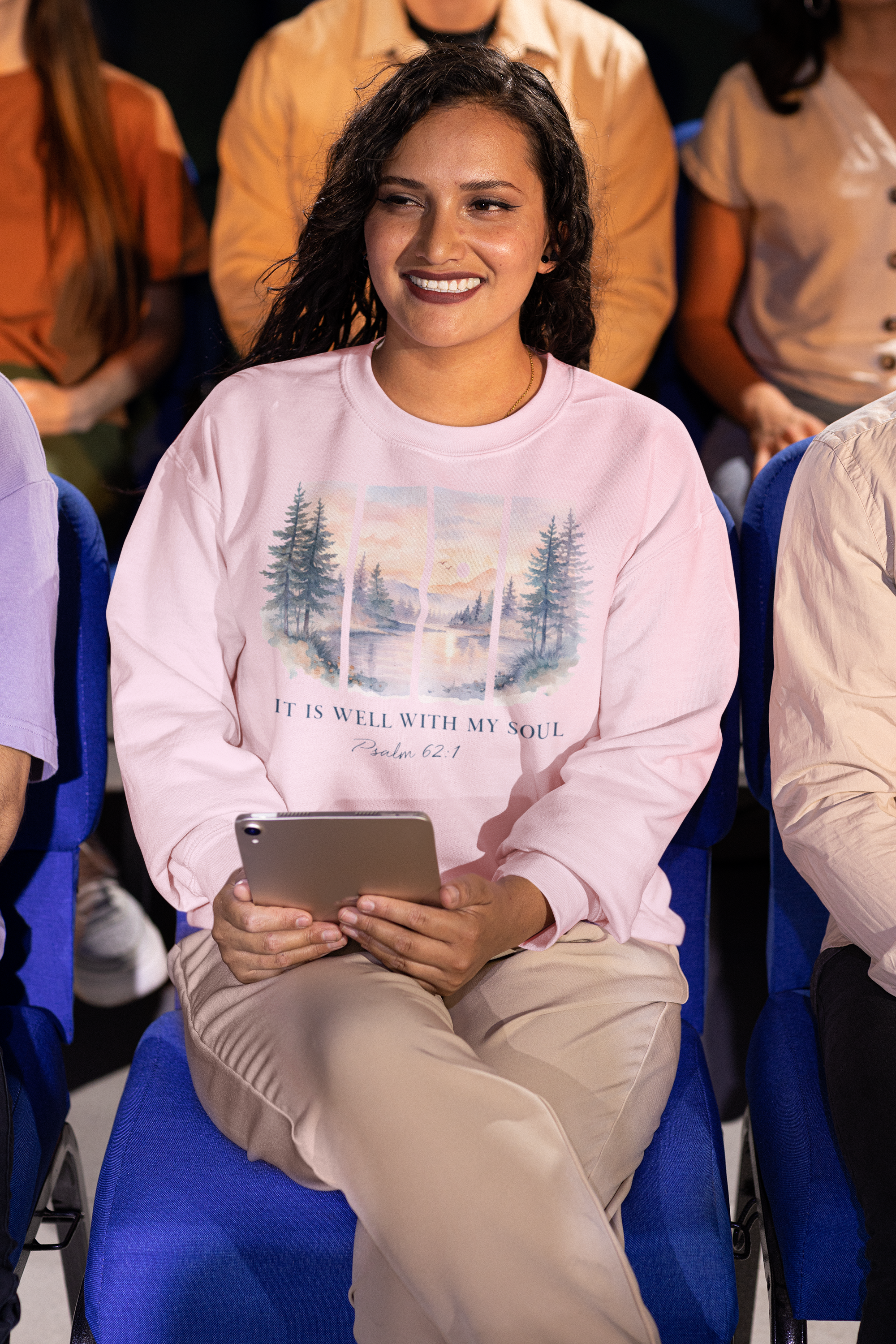 Scenic Window Crewneck Sweatshirt — "It Is Well With My Soul" Sunrise Lake Design