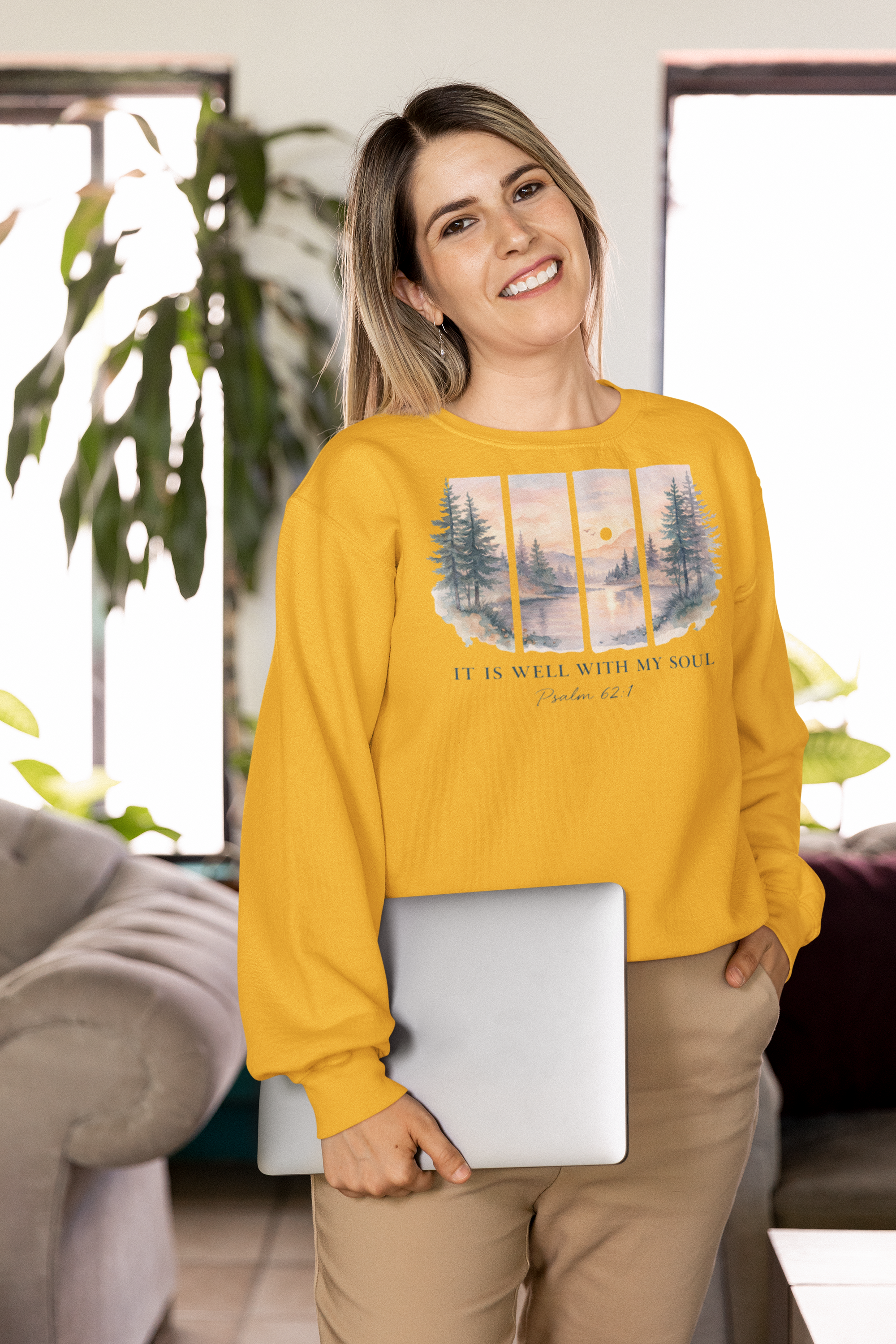 Scenic Window Crewneck Sweatshirt — "It Is Well With My Soul" Sunrise Lake Design