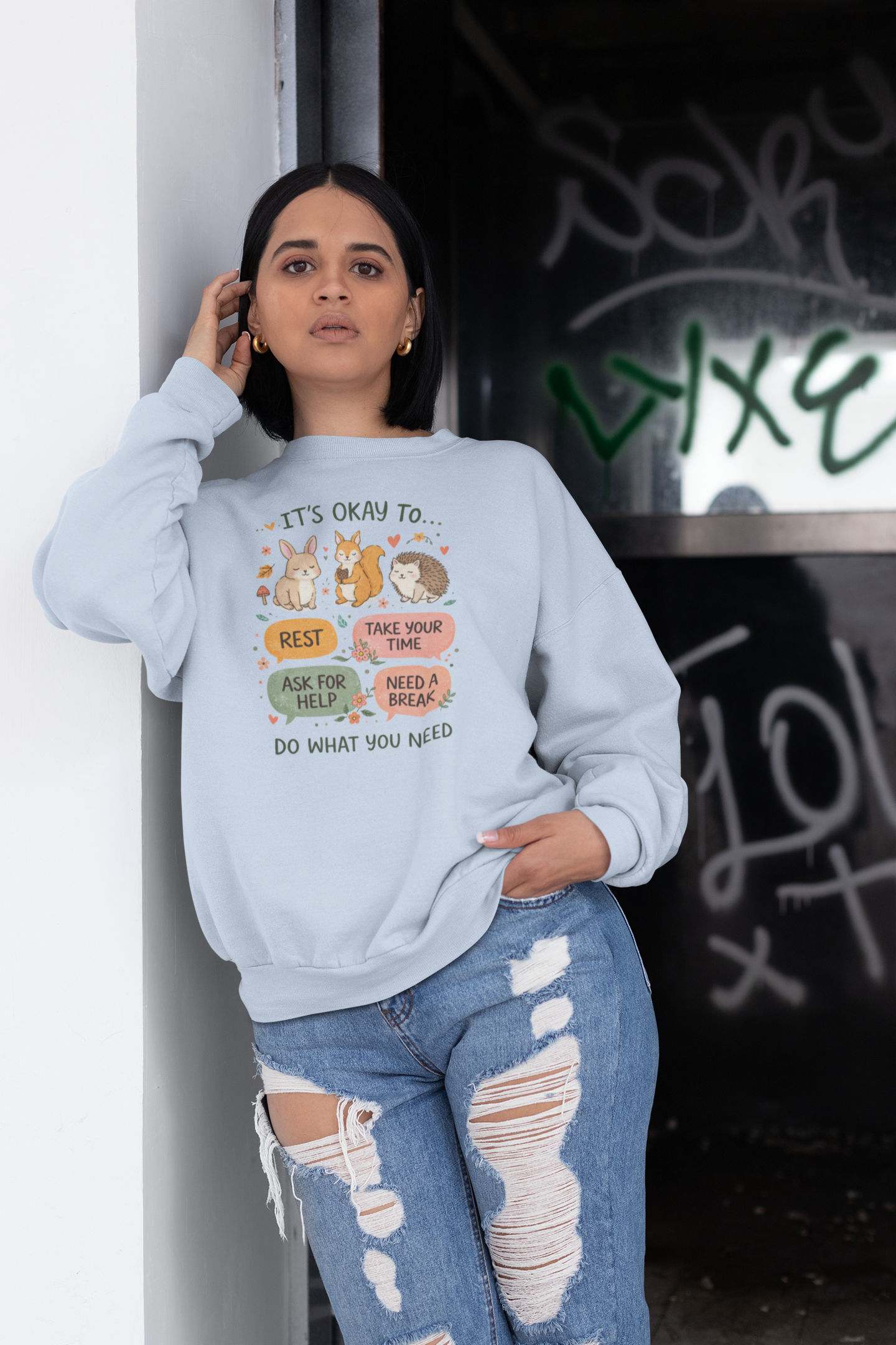 Crewneck Sweatshirt — "It's Okay To... Do What You Need" Cute Animal Self-Care Design