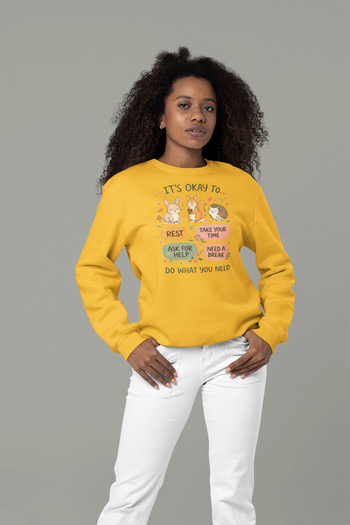 Crewneck Sweatshirt — "It's Okay To... Do What You Need" Cute Animal Self-Care Design