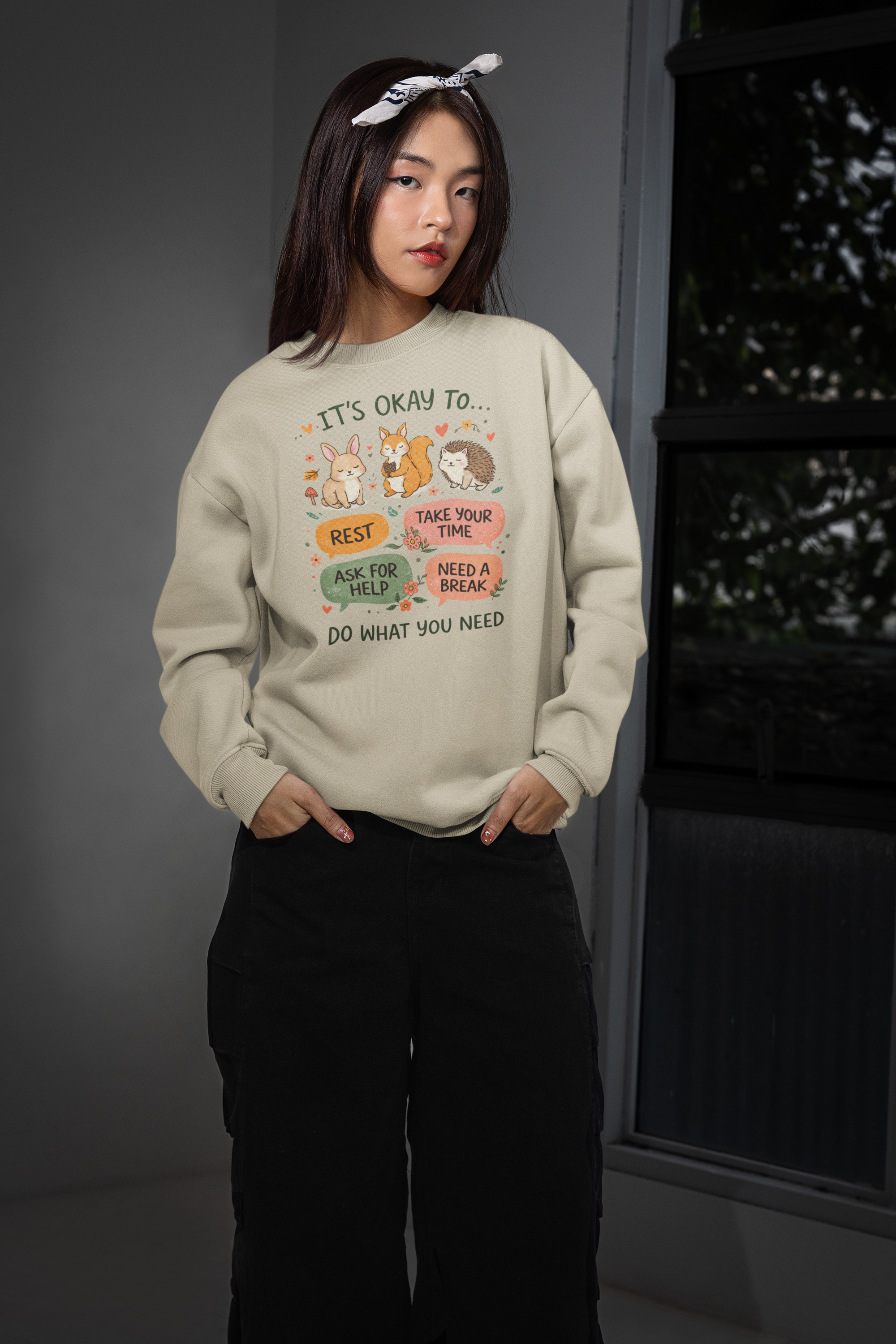 Crewneck Sweatshirt — "It's Okay To... Do What You Need" Cute Animal Self-Care Design
