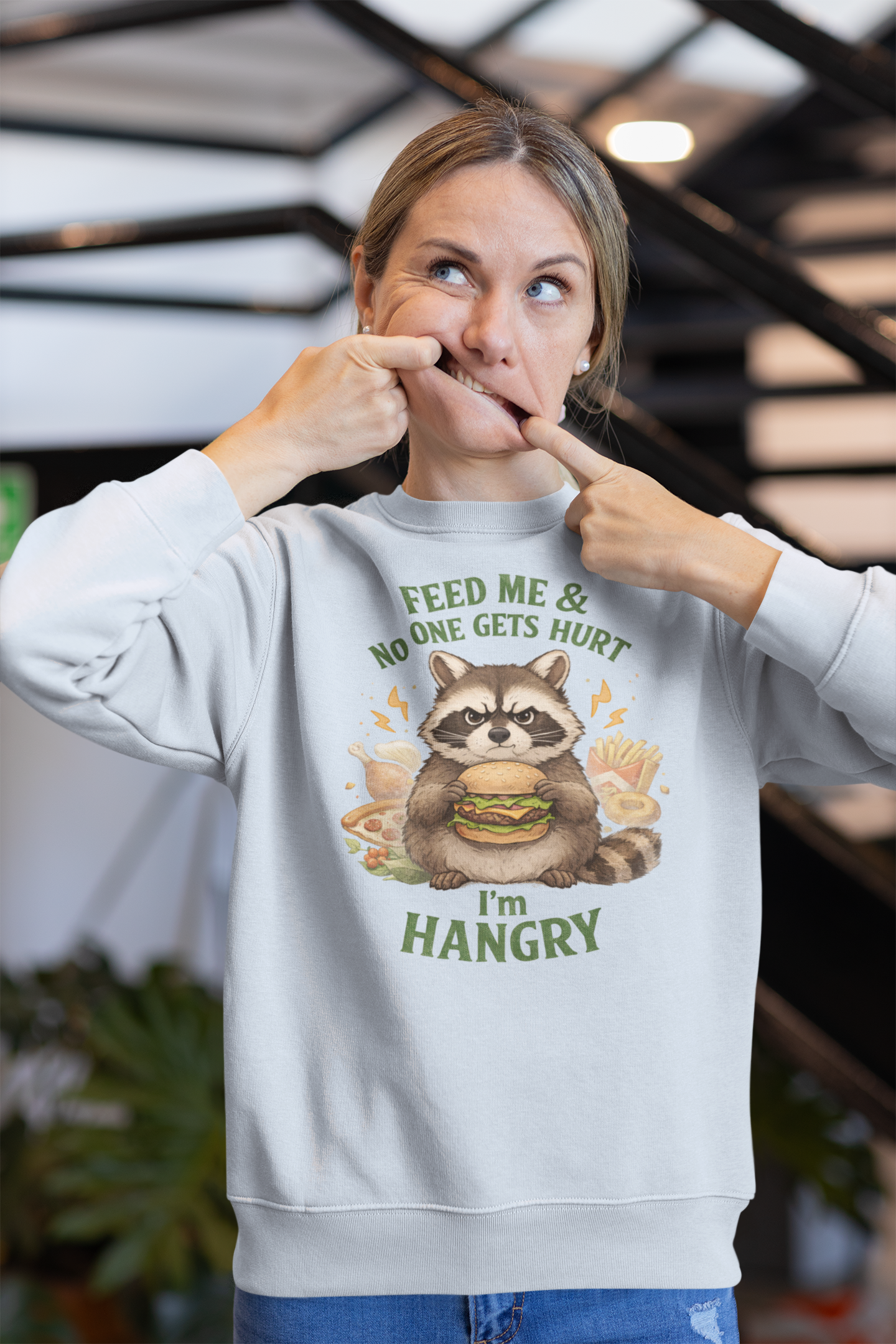 Hangry Raccoon Crewneck Sweatshirt — Funny Animal Graphic