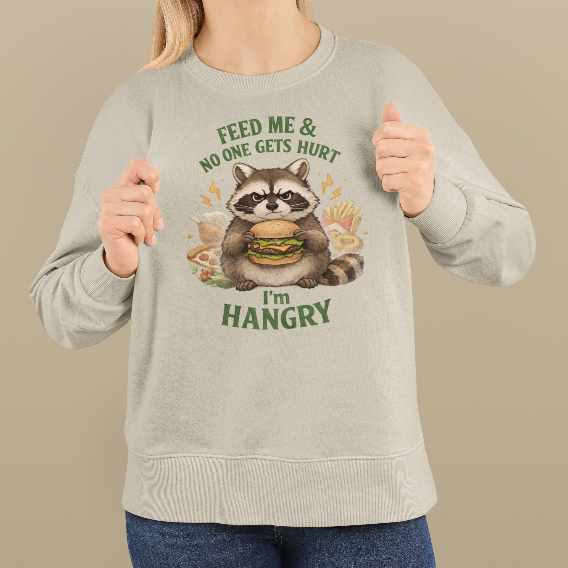 Hangry Raccoon Crewneck Sweatshirt — Funny Animal Graphic