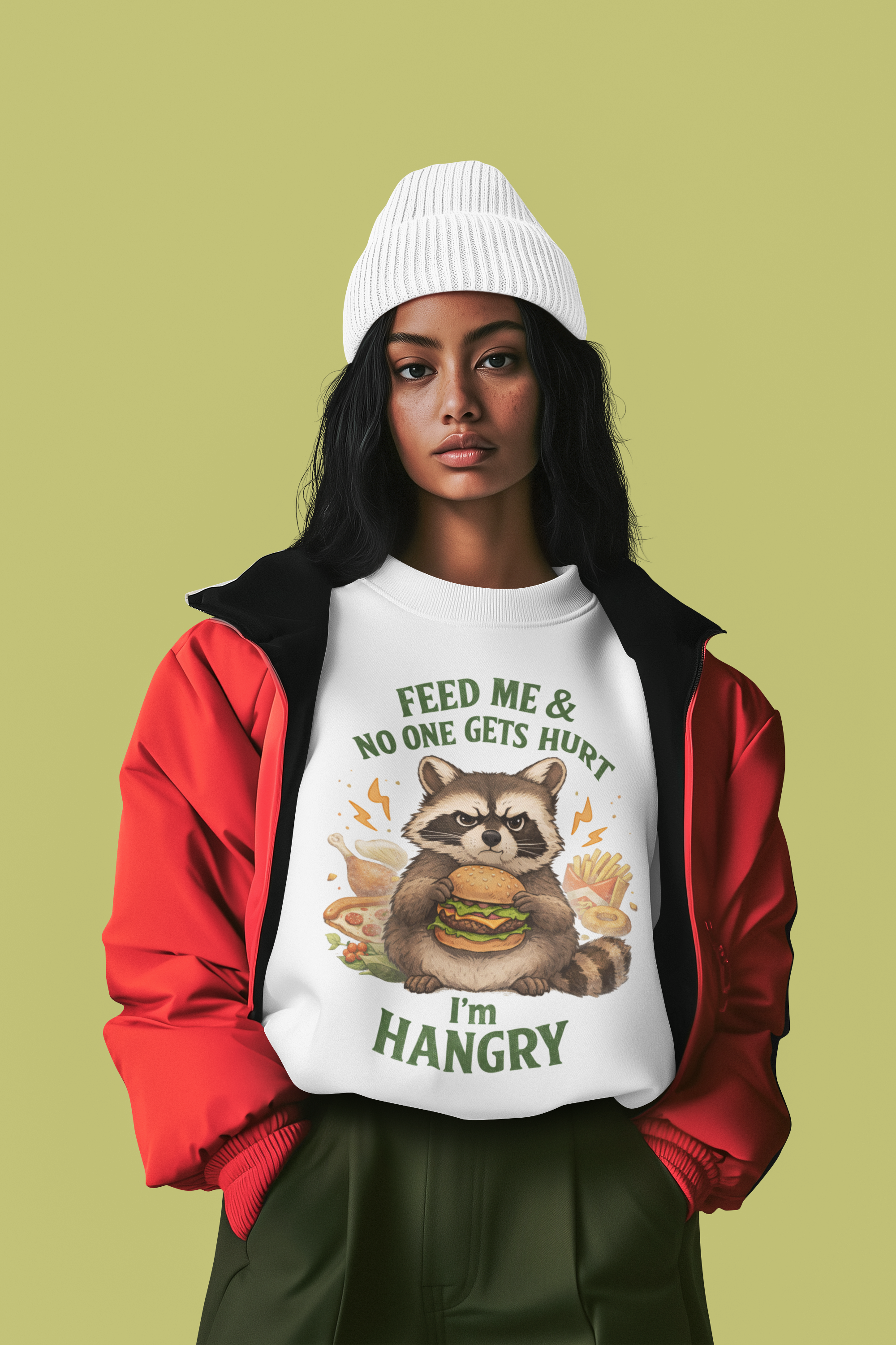 Hangry Raccoon Crewneck Sweatshirt — Funny Animal Graphic