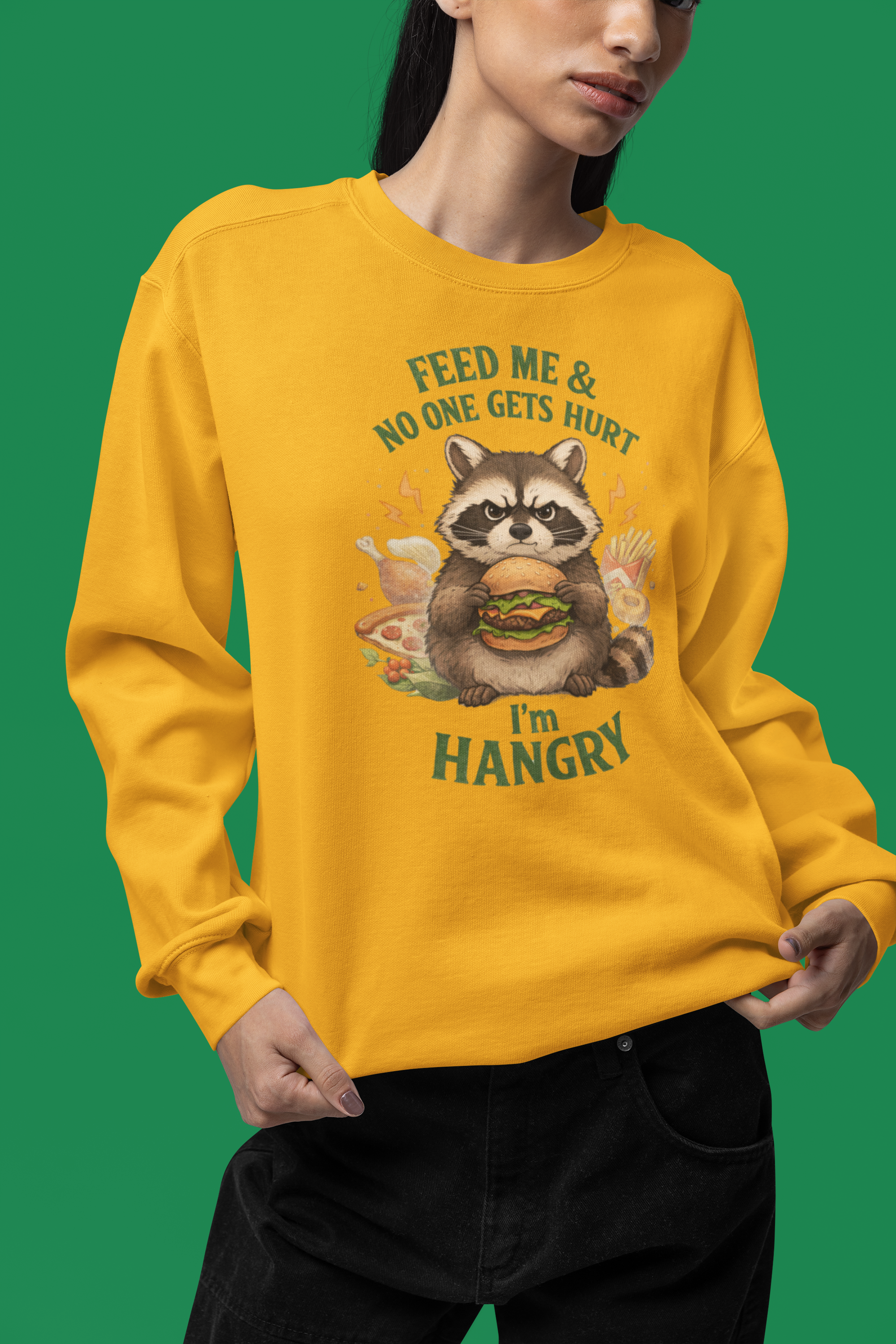 Hangry Raccoon Crewneck Sweatshirt — Funny Animal Graphic