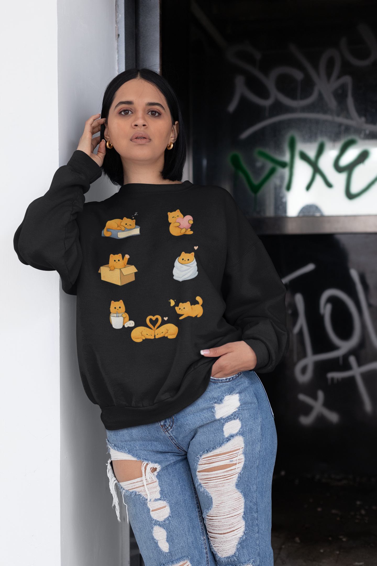 Cat Poses Crewneck Sweatshirt — Cute Orange Cat Illustrations