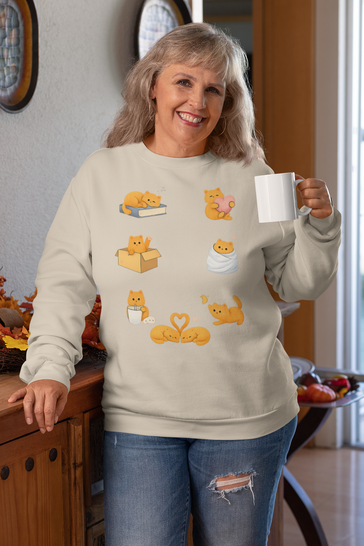 Cat Poses Crewneck Sweatshirt — Cute Orange Cat Illustrations