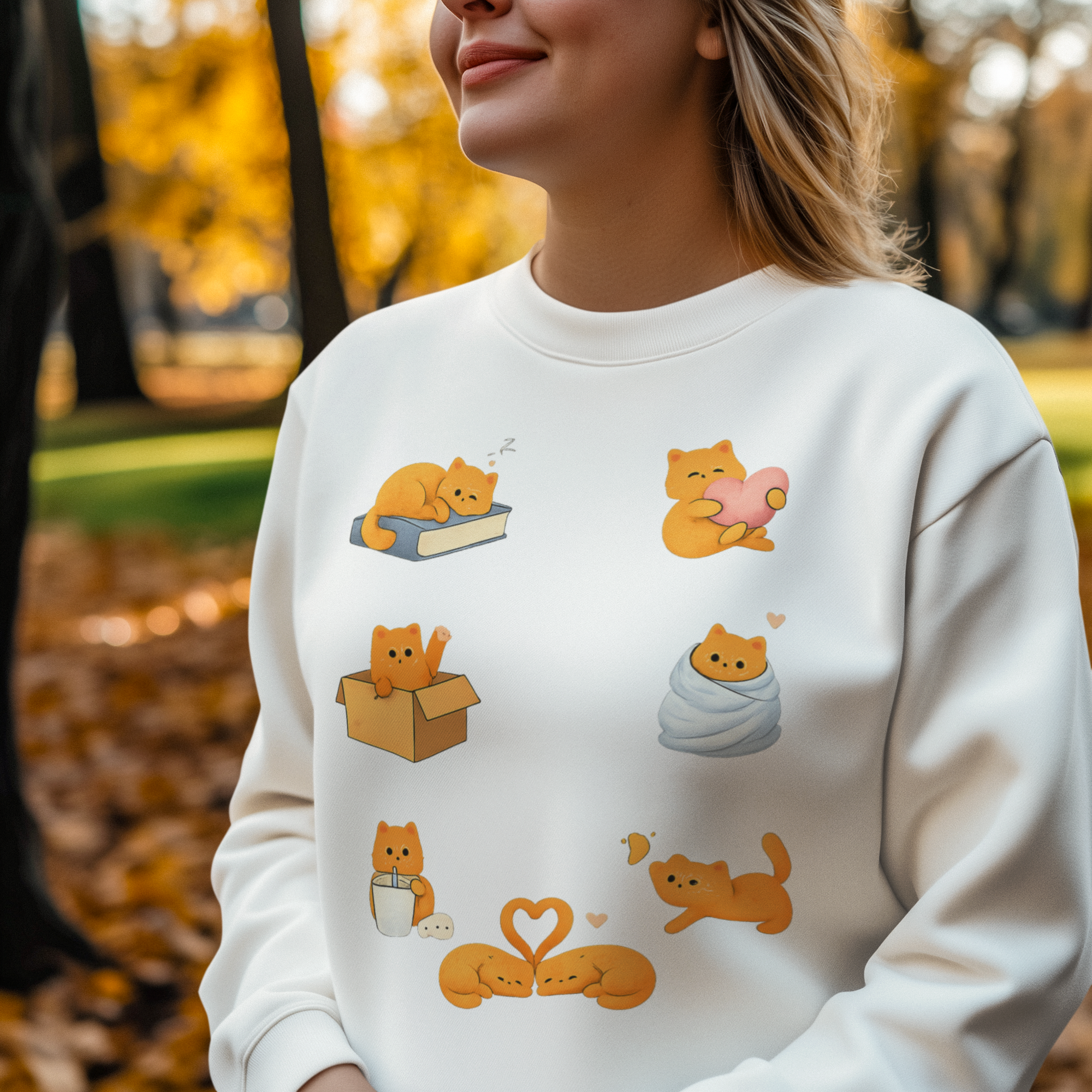 Cat Poses Crewneck Sweatshirt — Cute Orange Cat Illustrations