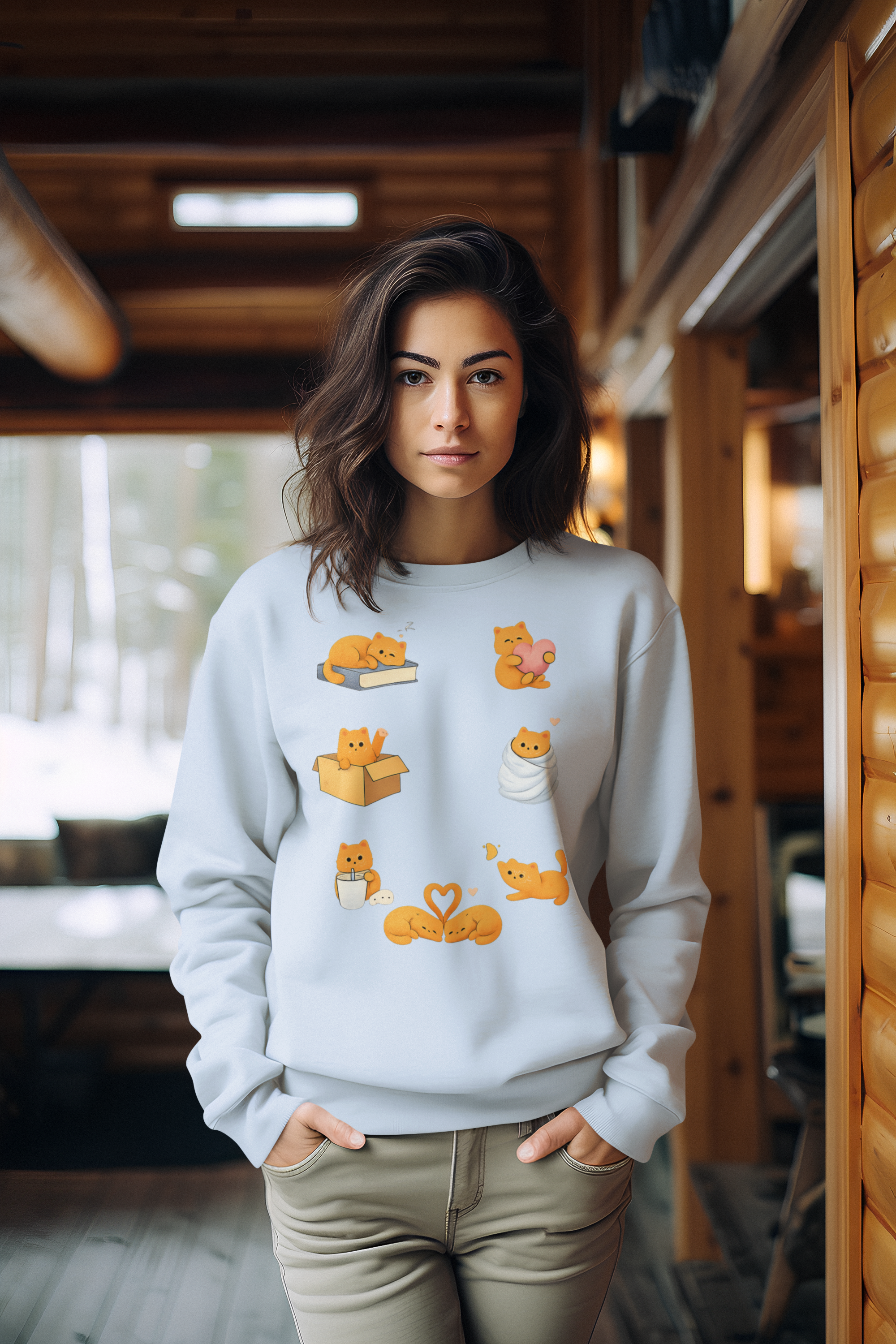 Cat Poses Crewneck Sweatshirt — Cute Orange Cat Illustrations
