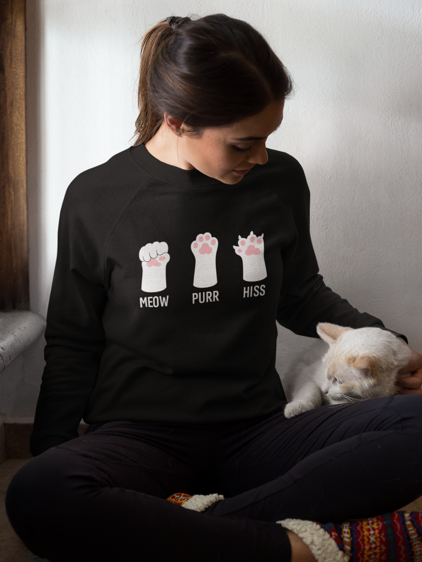 Cat Paws Sweatshirt — "Meow Purr Hiss" Cute Kitty Paw Crewneck
