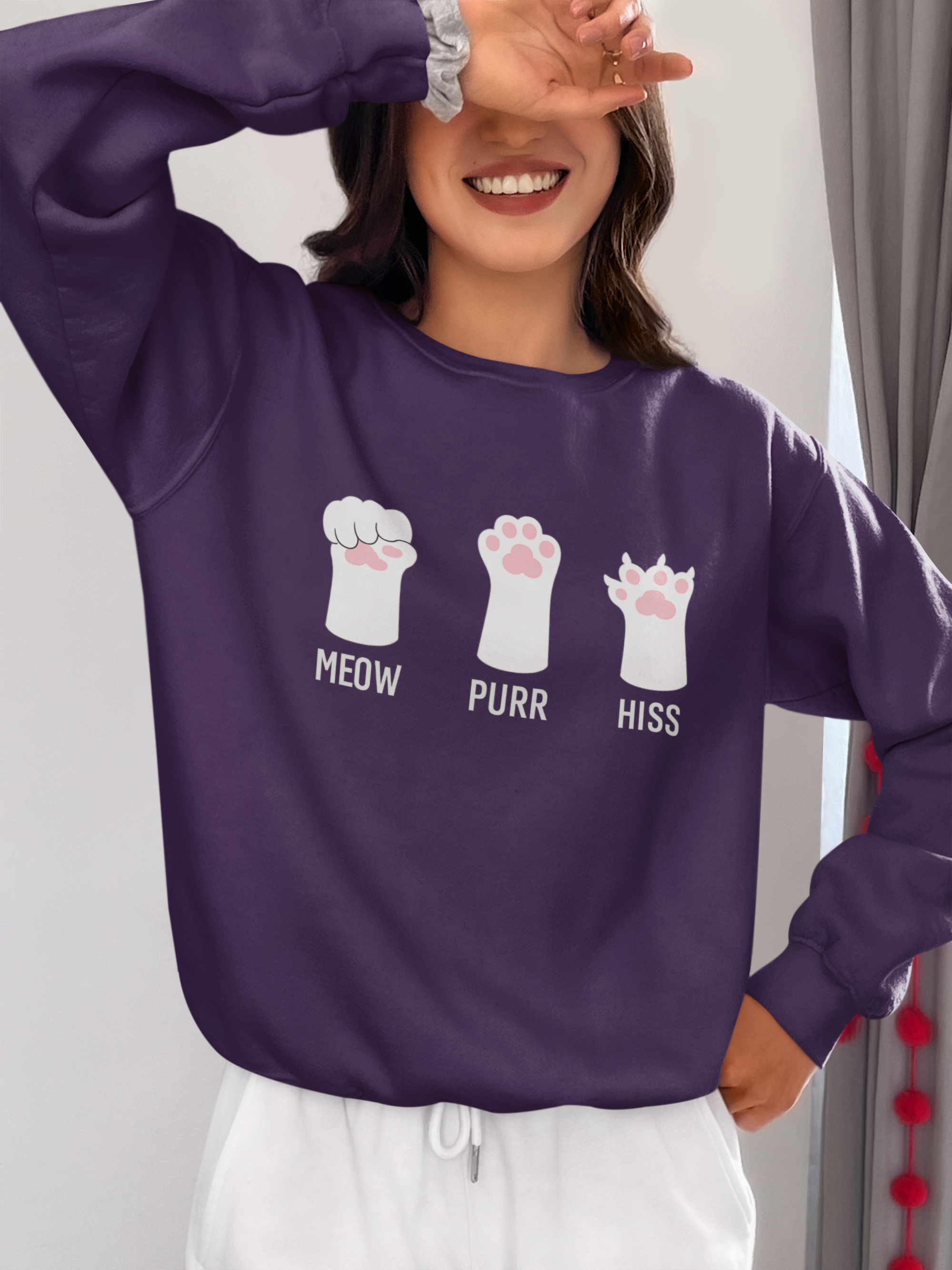 Cat Paws Sweatshirt — "Meow Purr Hiss" Cute Kitty Paw Crewneck