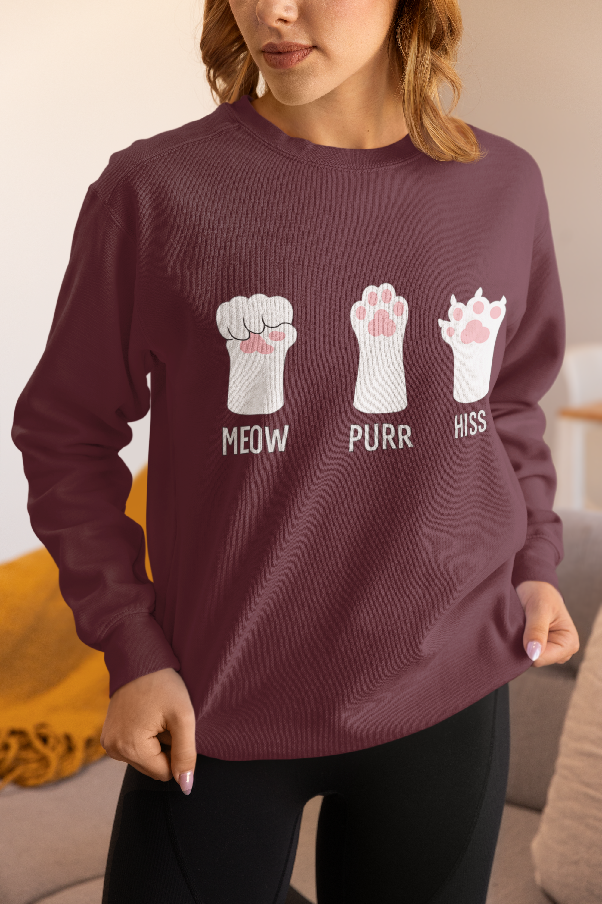 Cat Paws Sweatshirt — "Meow Purr Hiss" Cute Kitty Paw Crewneck