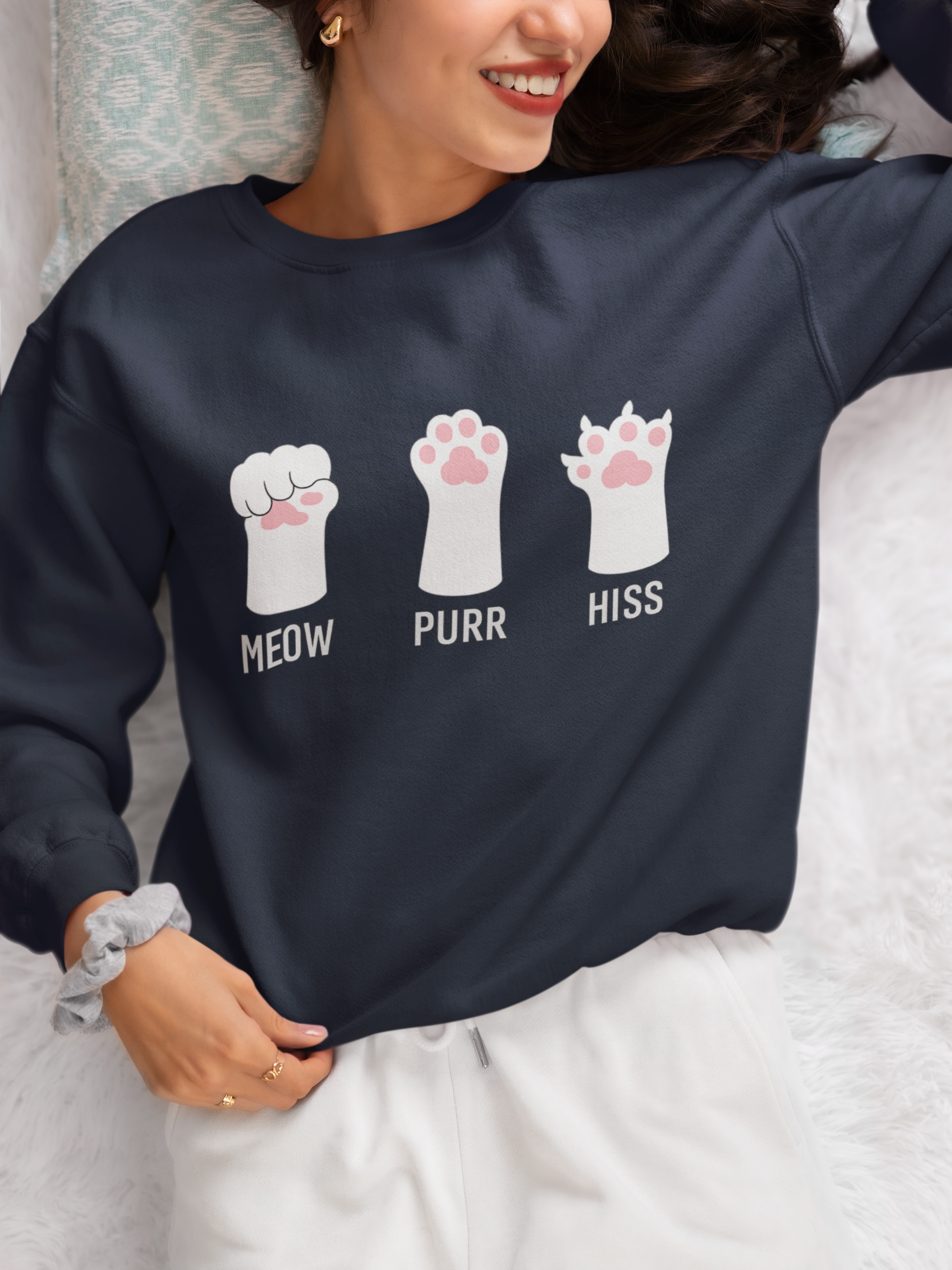 Cat Paws Sweatshirt — "Meow Purr Hiss" Cute Kitty Paw Crewneck