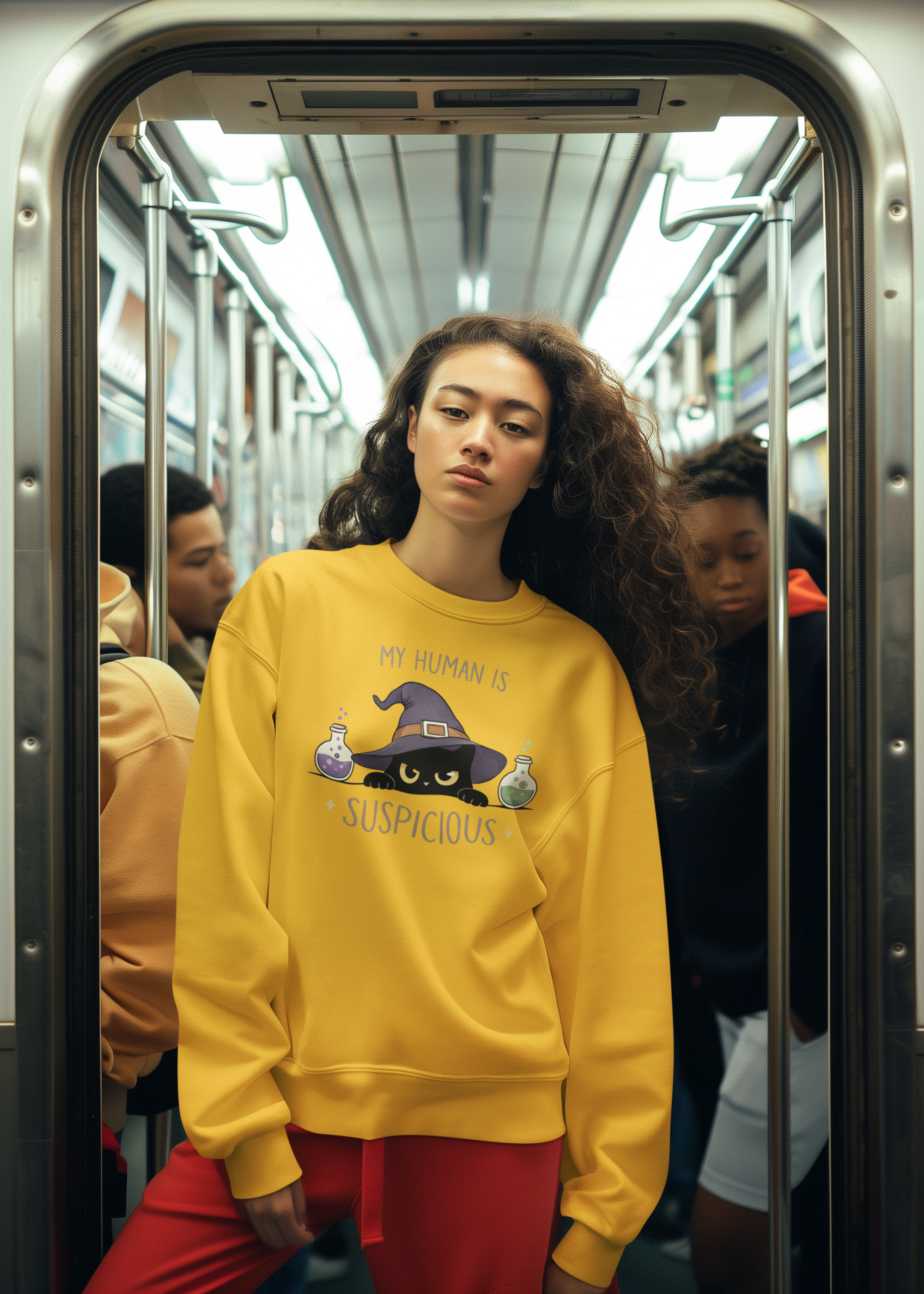 Suspicious Cat Crewneck Sweatshirt — Funny Skeptical Cat Graphic