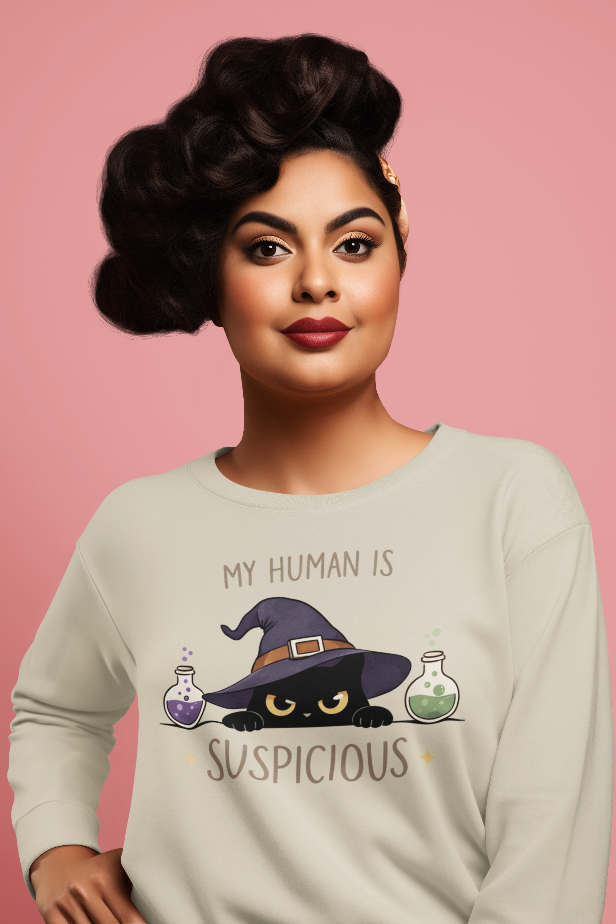 Suspicious Cat Crewneck Sweatshirt — Funny Skeptical Cat Graphic