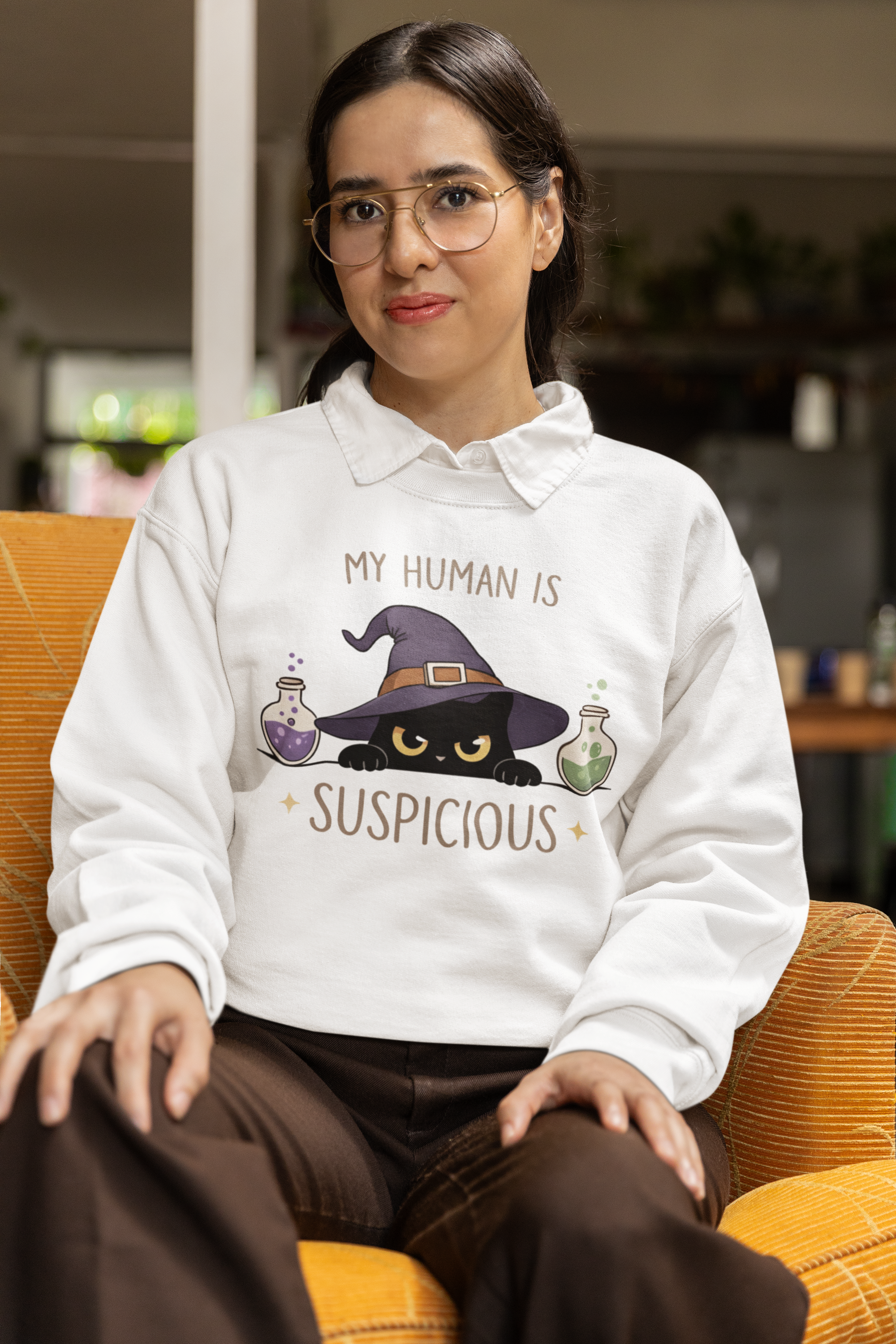 Suspicious Cat Crewneck Sweatshirt — Funny Skeptical Cat Graphic