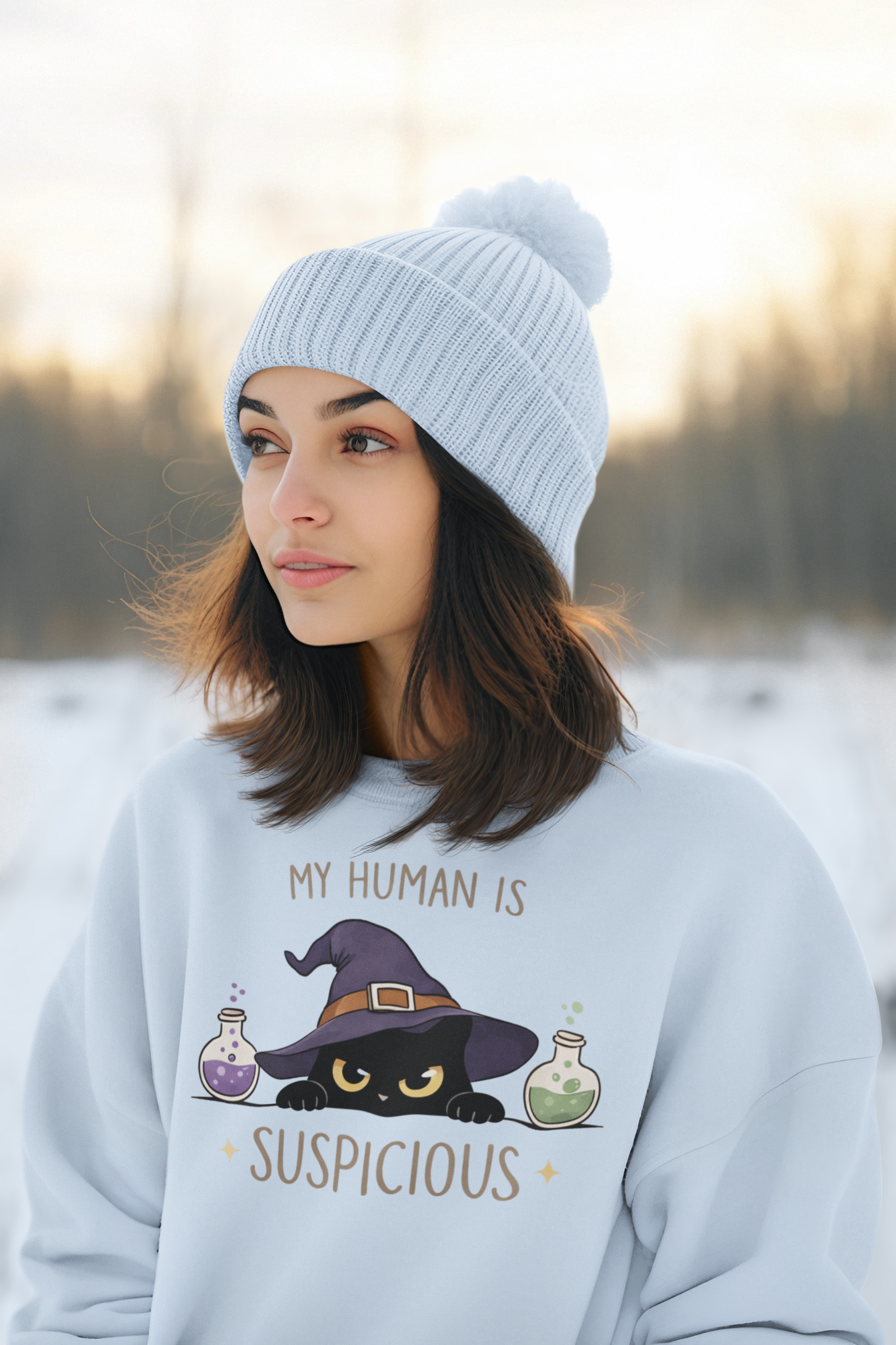 Suspicious Cat Crewneck Sweatshirt — Funny Skeptical Cat Graphic