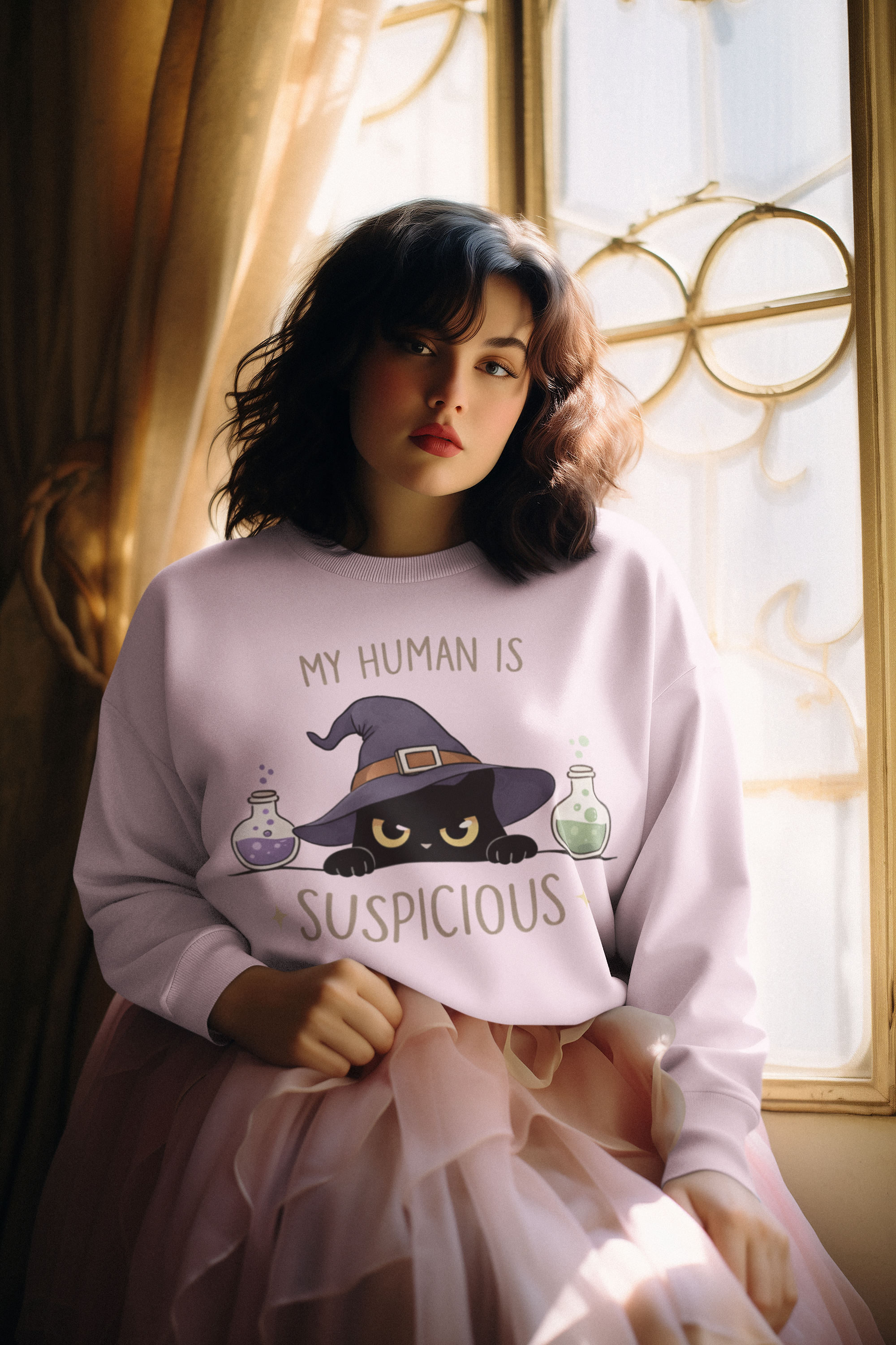 Suspicious Cat Crewneck Sweatshirt — Funny Skeptical Cat Graphic