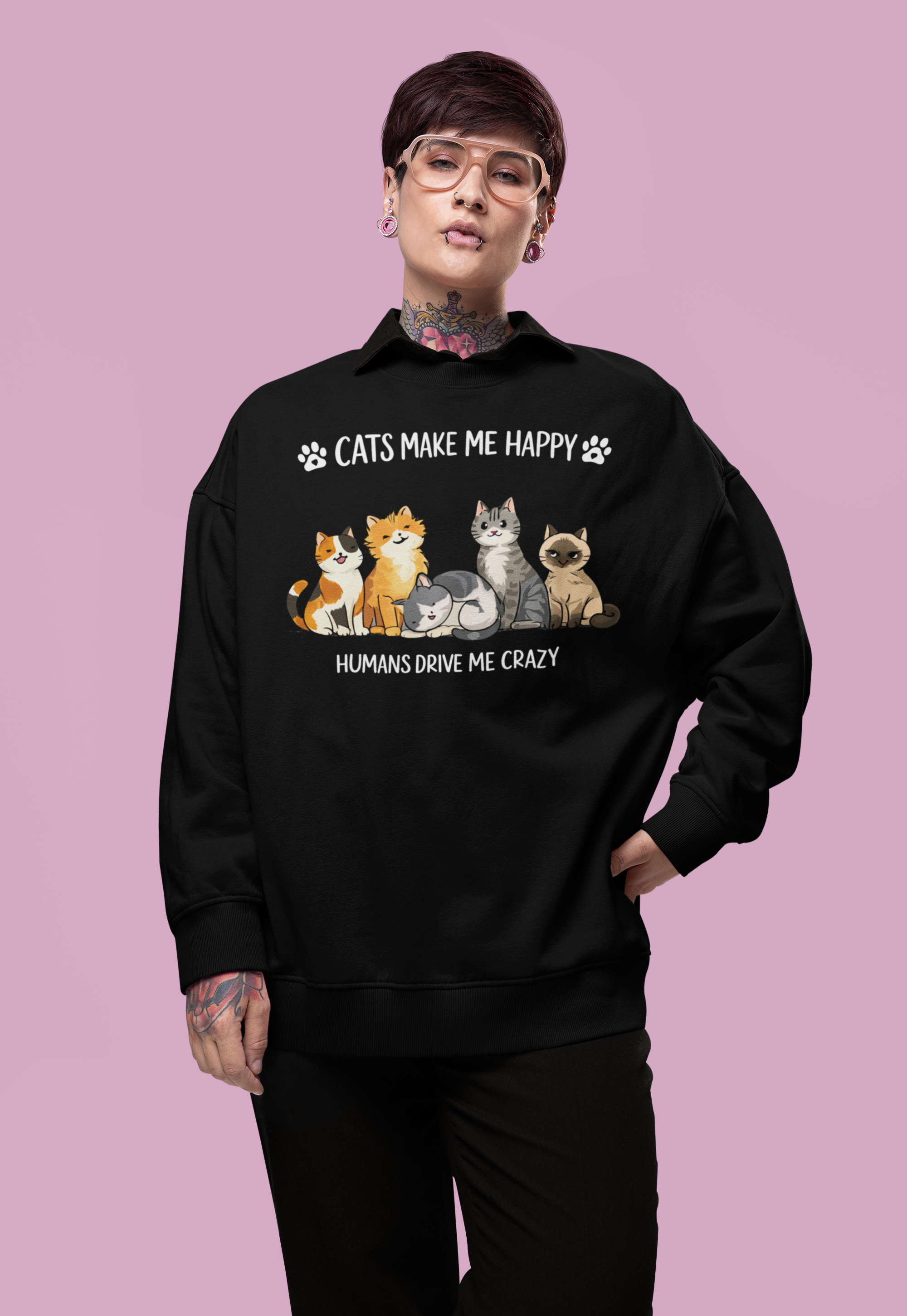 Cats Crewneck Sweatshirt - Cute Cats Illustration "Humans Drive Me Crazy"