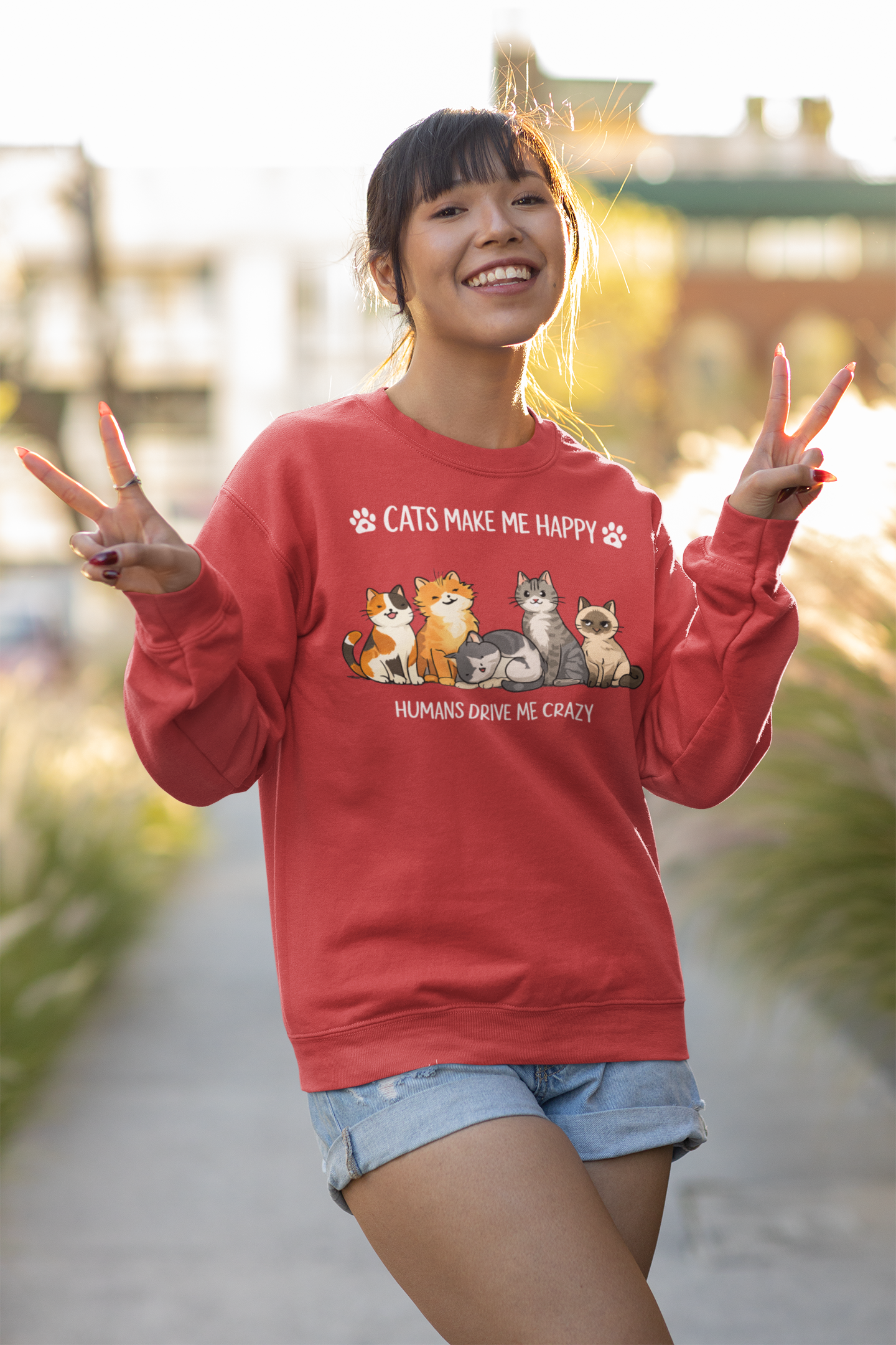Cats Crewneck Sweatshirt - Cute Cats Illustration "Humans Drive Me Crazy"