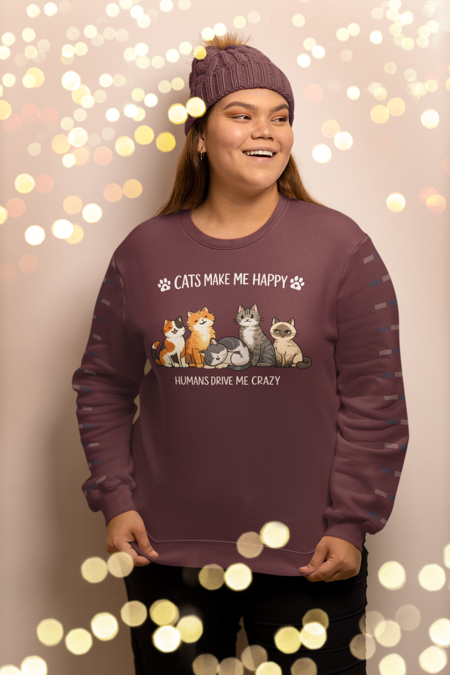 Cats Crewneck Sweatshirt - Cute Cats Illustration "Humans Drive Me Crazy"