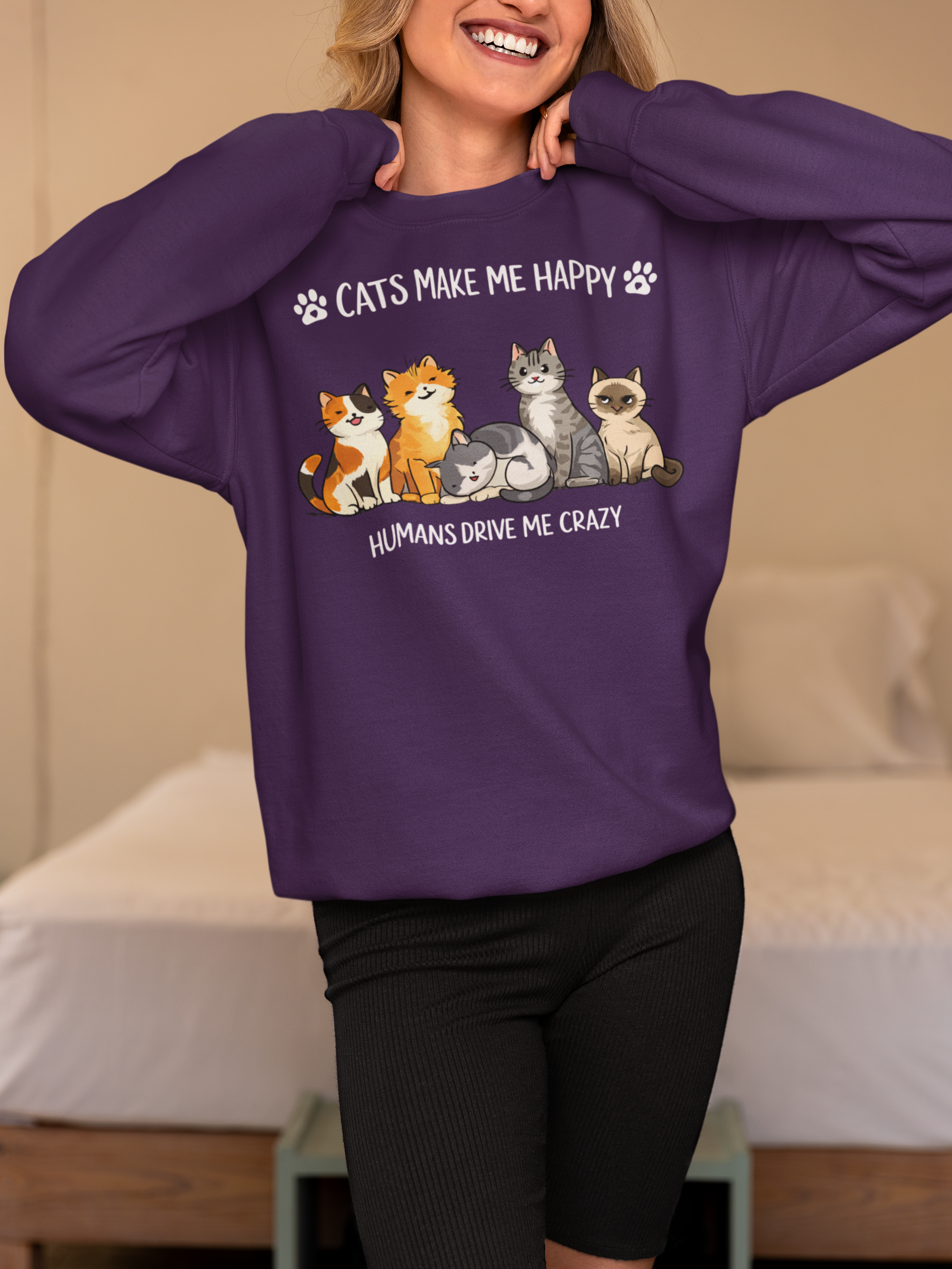 Cats Crewneck Sweatshirt - Cute Cats Illustration "Humans Drive Me Crazy"