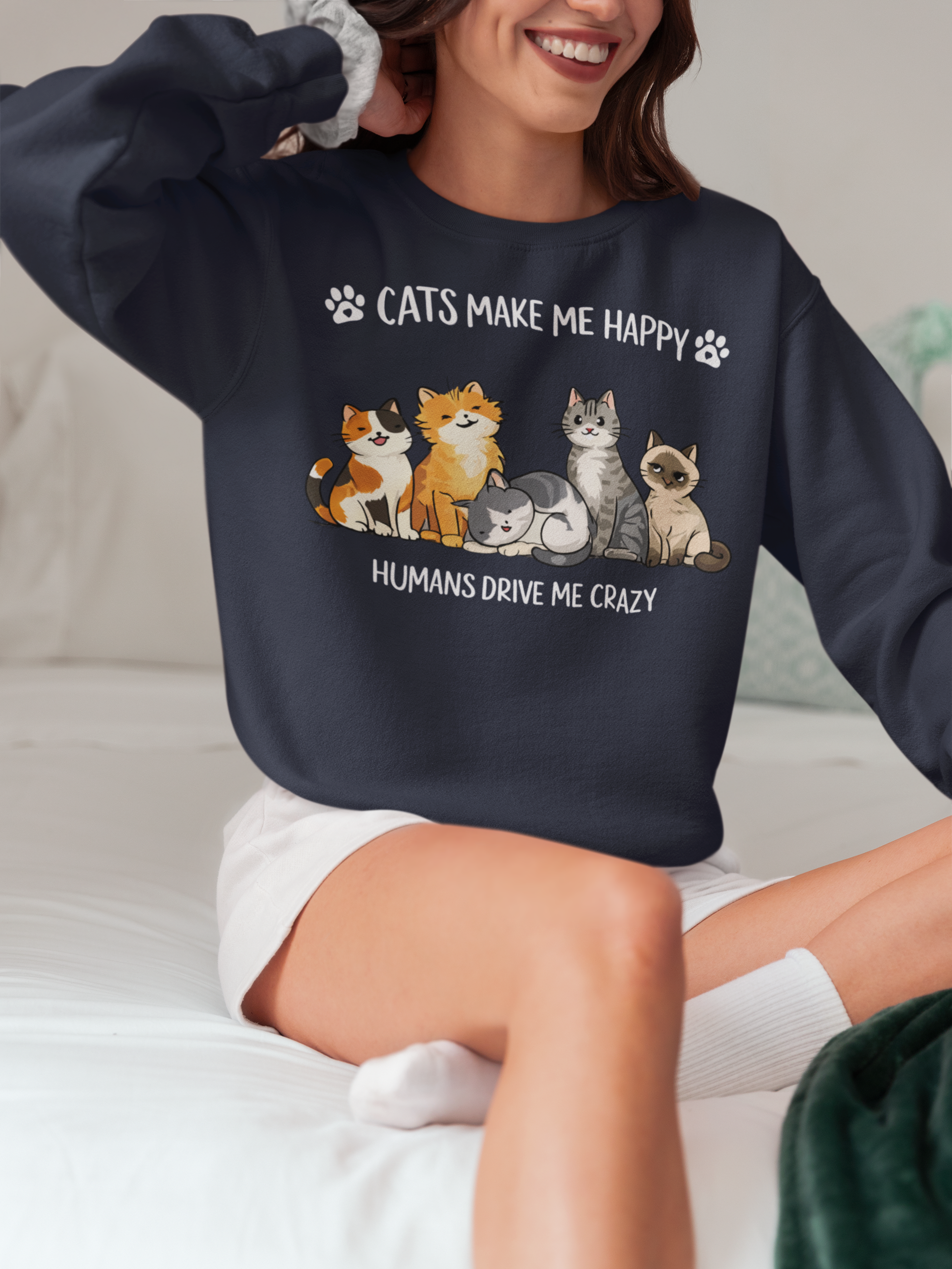 Cats Crewneck Sweatshirt - Cute Cats Illustration "Humans Drive Me Crazy"