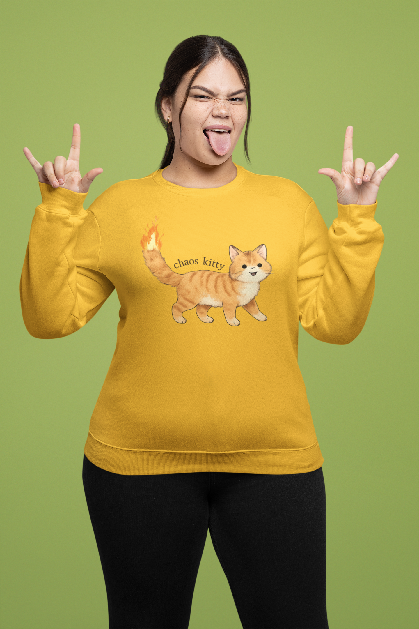 Chaos Kitty Crewneck Sweatshirt — Cute Orange Cat with Flaming Tail
