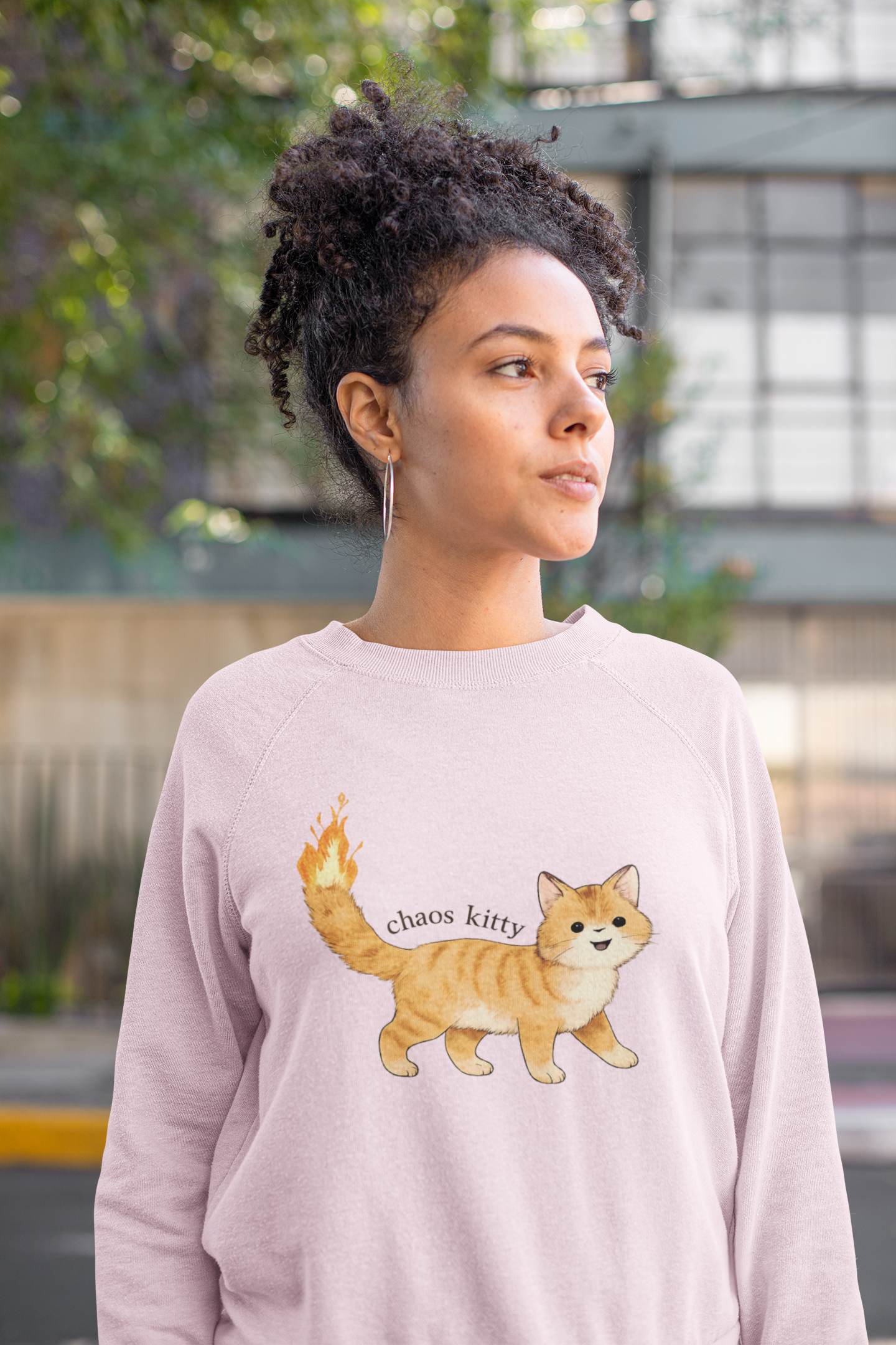 Chaos Kitty Crewneck Sweatshirt — Cute Orange Cat with Flaming Tail