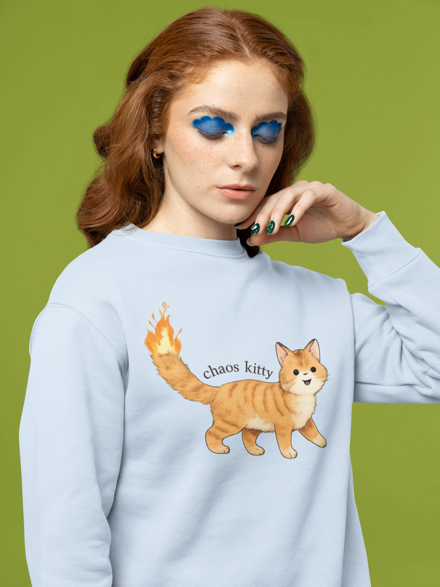 Chaos Kitty Crewneck Sweatshirt — Cute Orange Cat with Flaming Tail