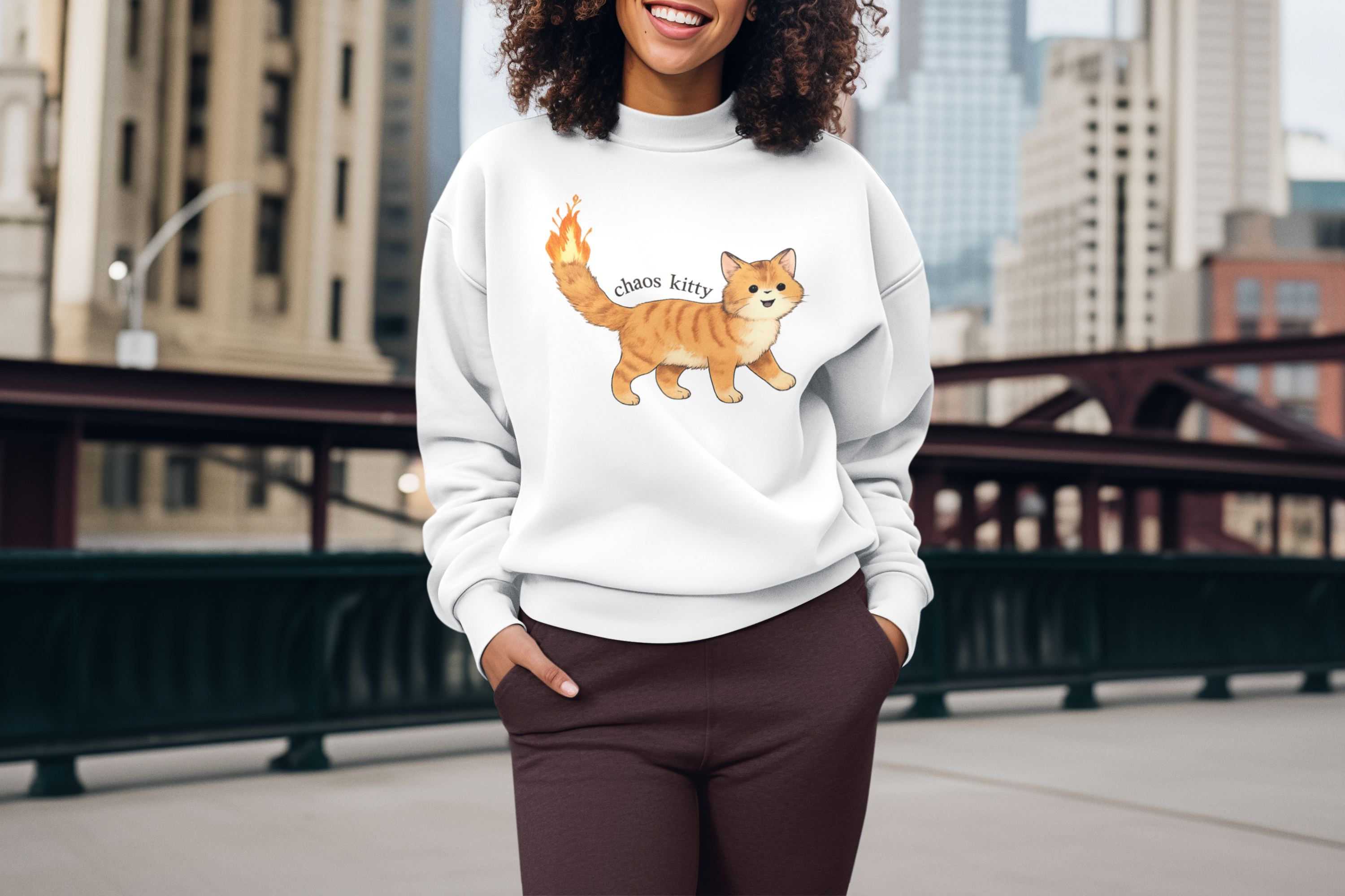 Chaos Kitty Crewneck Sweatshirt — Cute Orange Cat with Flaming Tail