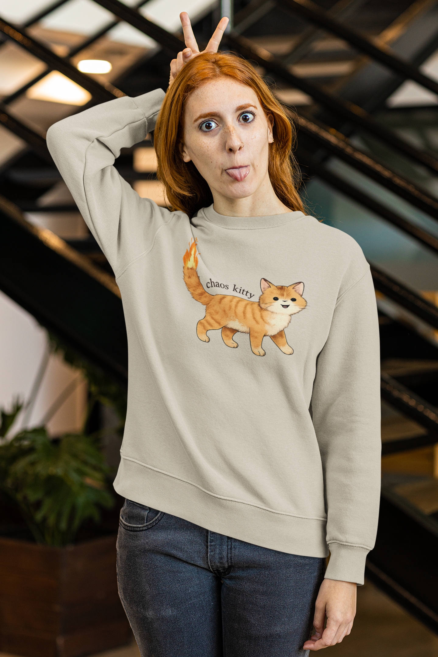 Chaos Kitty Crewneck Sweatshirt — Cute Orange Cat with Flaming Tail