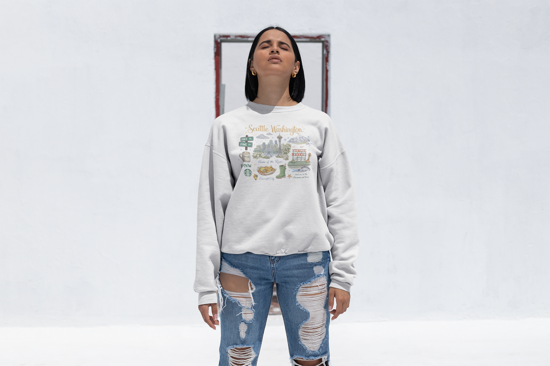 Seattle Washington Illustrated Crewneck Sweatshirt — City Landmark Graphic Pullover