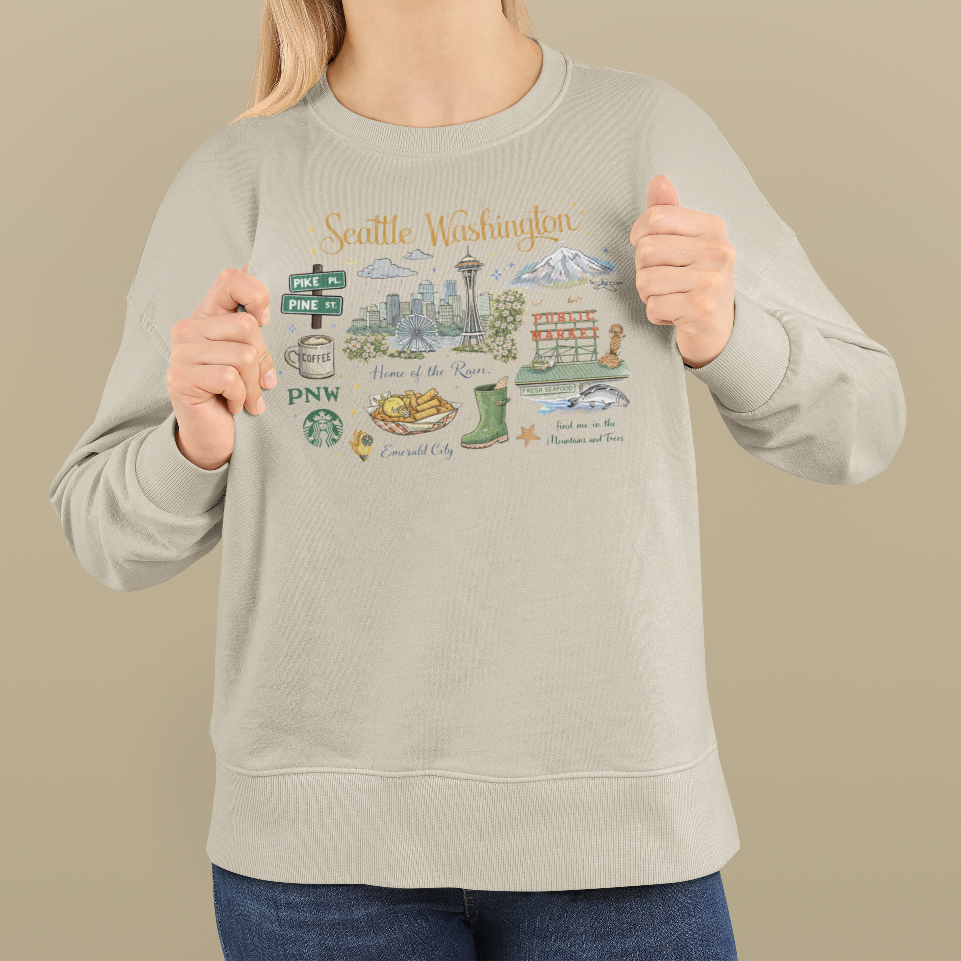Seattle Washington Illustrated Crewneck Sweatshirt — City Landmark Graphic Pullover