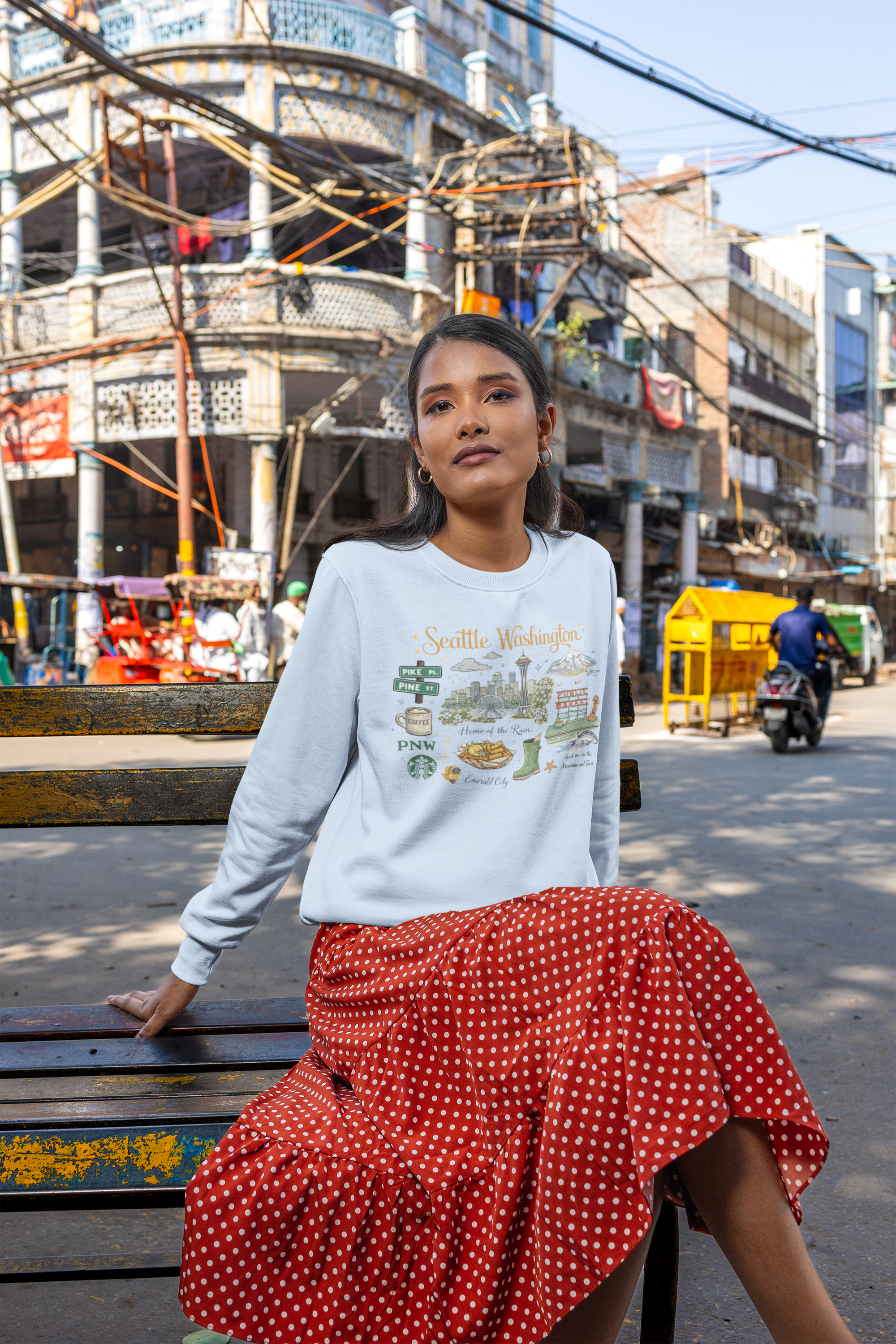 Seattle Washington Illustrated Crewneck Sweatshirt — City Landmark Graphic Pullover