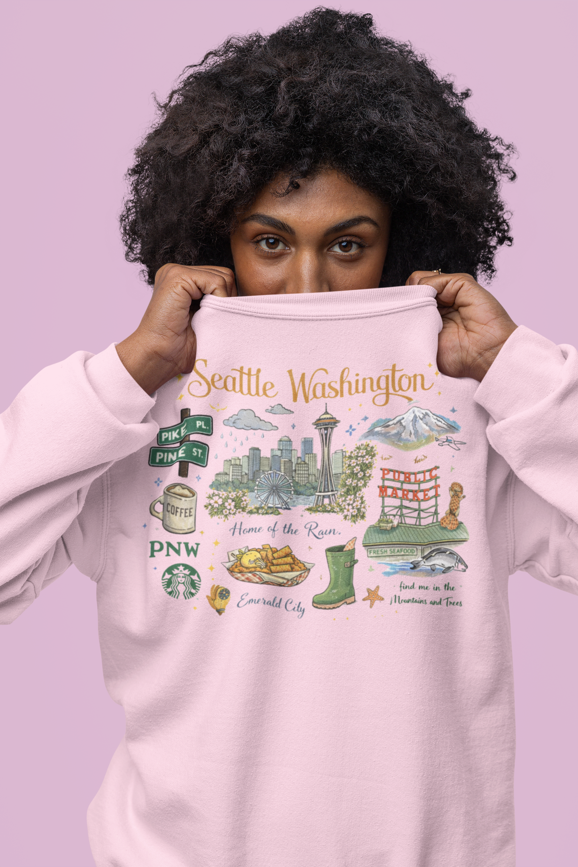 Seattle Washington Illustrated Crewneck Sweatshirt — City Landmark Graphic Pullover