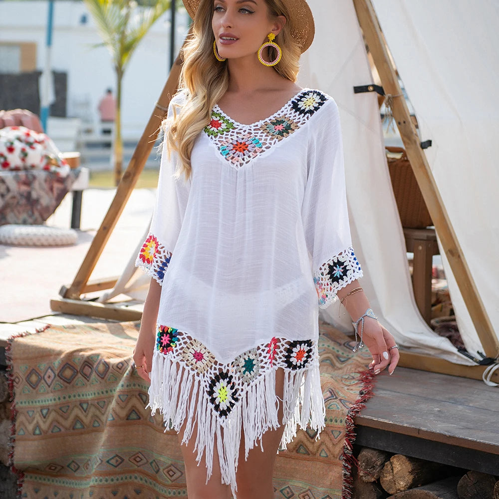 White Crochet Fringe Beach Cover Up | Boho Kaftan Dress