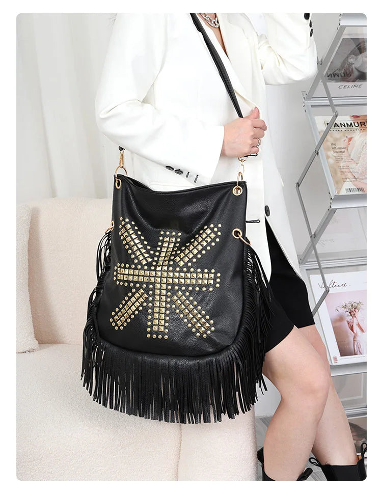 Fringe Studded Shoulder Bag for Women | Boho Western Hobo Handbag | Designer Tassel Tote Purse | Fashion Everyday Bag