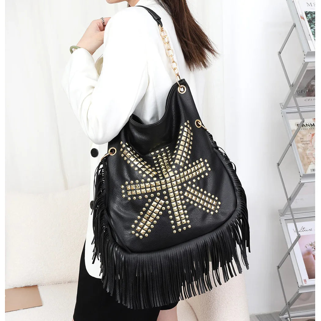 Fringe Studded Shoulder Bag for Women | Boho Western Hobo Handbag | Designer Tassel Tote Purse | Fashion Everyday Bag