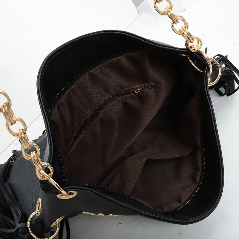 Fringe Studded Shoulder Bag for Women | Boho Western Hobo Handbag | Designer Tassel Tote Purse | Fashion Everyday Bag